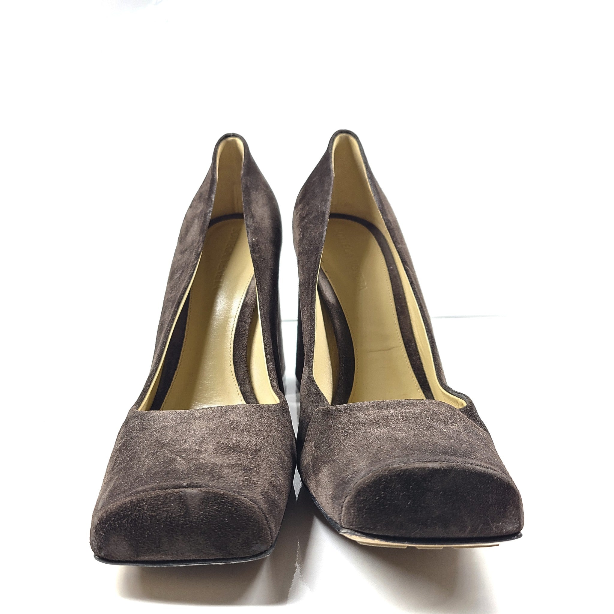 Bottega Veneta Tower Square-Toe Suede Pumps Brown Heels Shoes US 10