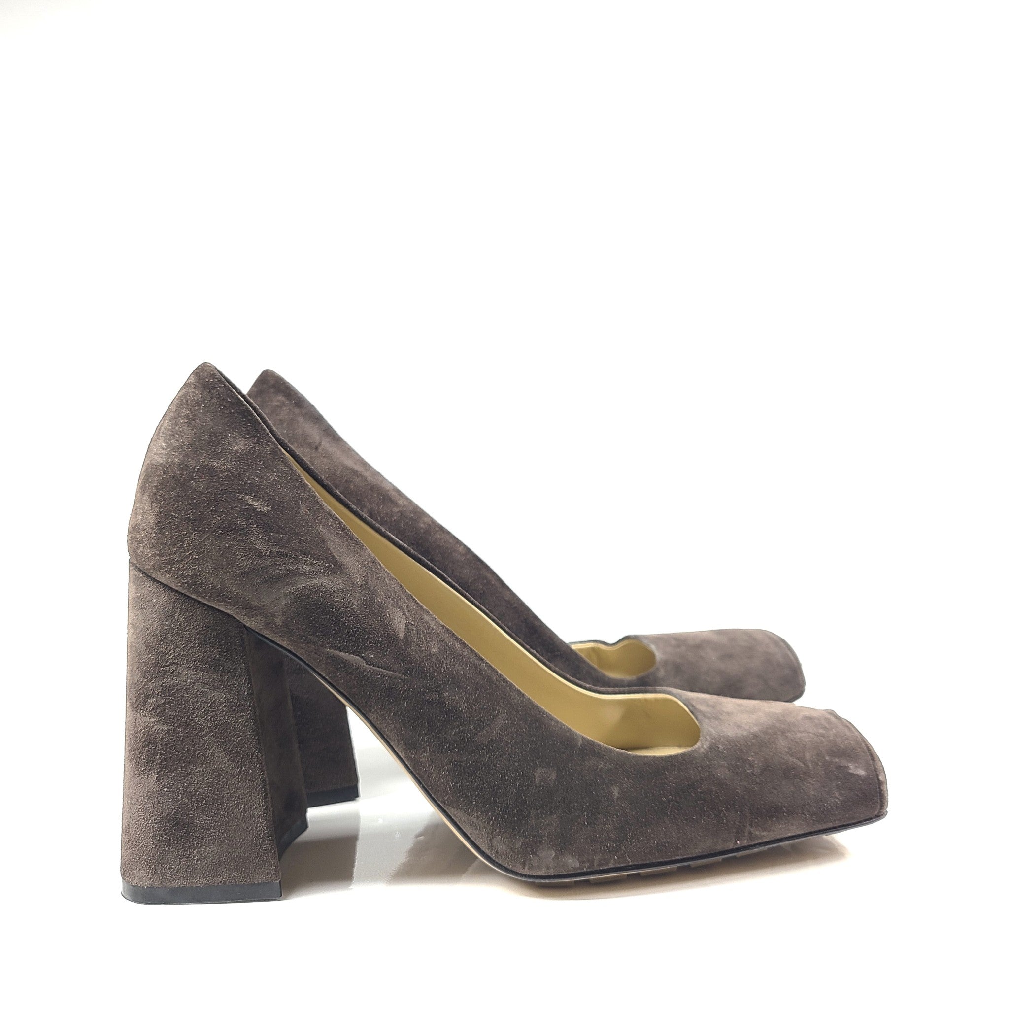 Bottega Veneta Tower Square-Toe Suede Pumps Brown Heels Shoes US 10
