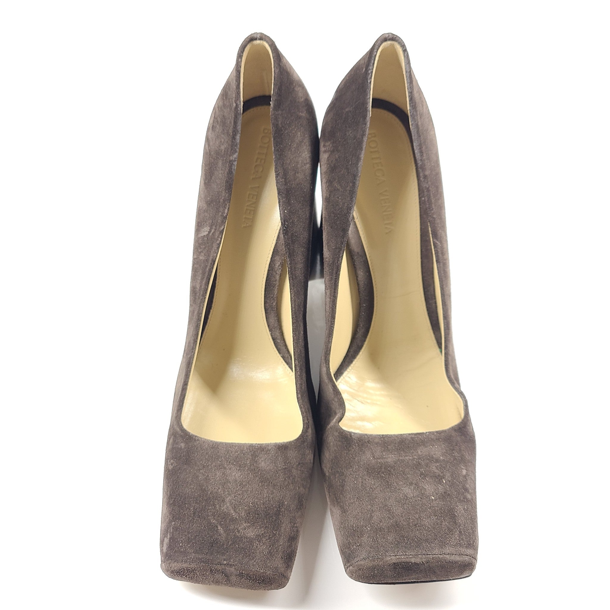 Bottega Veneta Tower Square-Toe Suede Pumps Brown Heels Shoes US 10