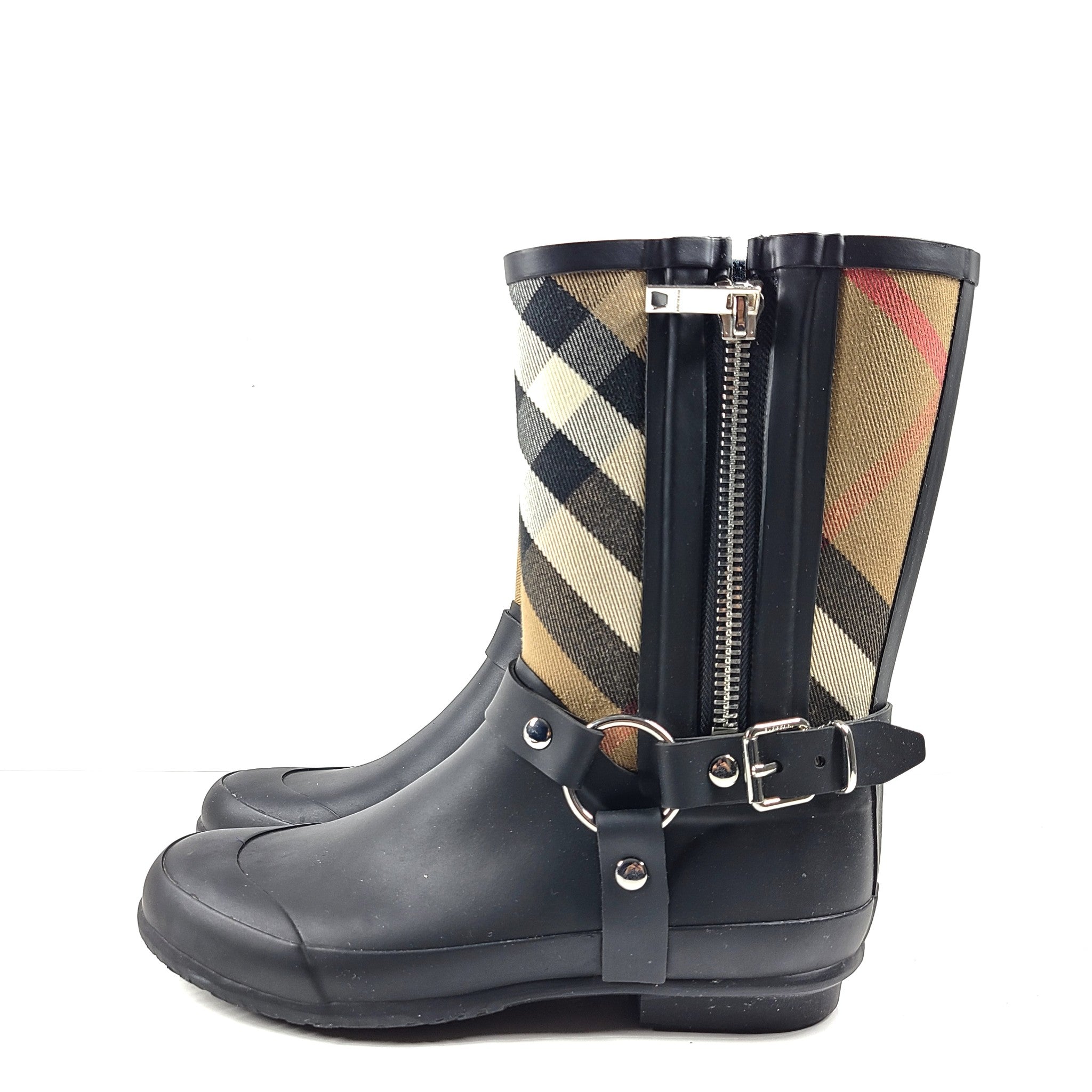 Burberry Women's Zane Strap Detail House Check Rubber Rain Boots Size 37 US 7