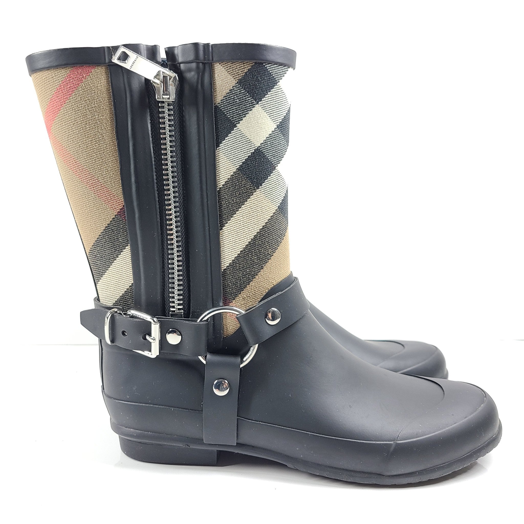 Burberry Women's Zane Strap Detail House Check Rubber Rain Boots Size 37 US 7