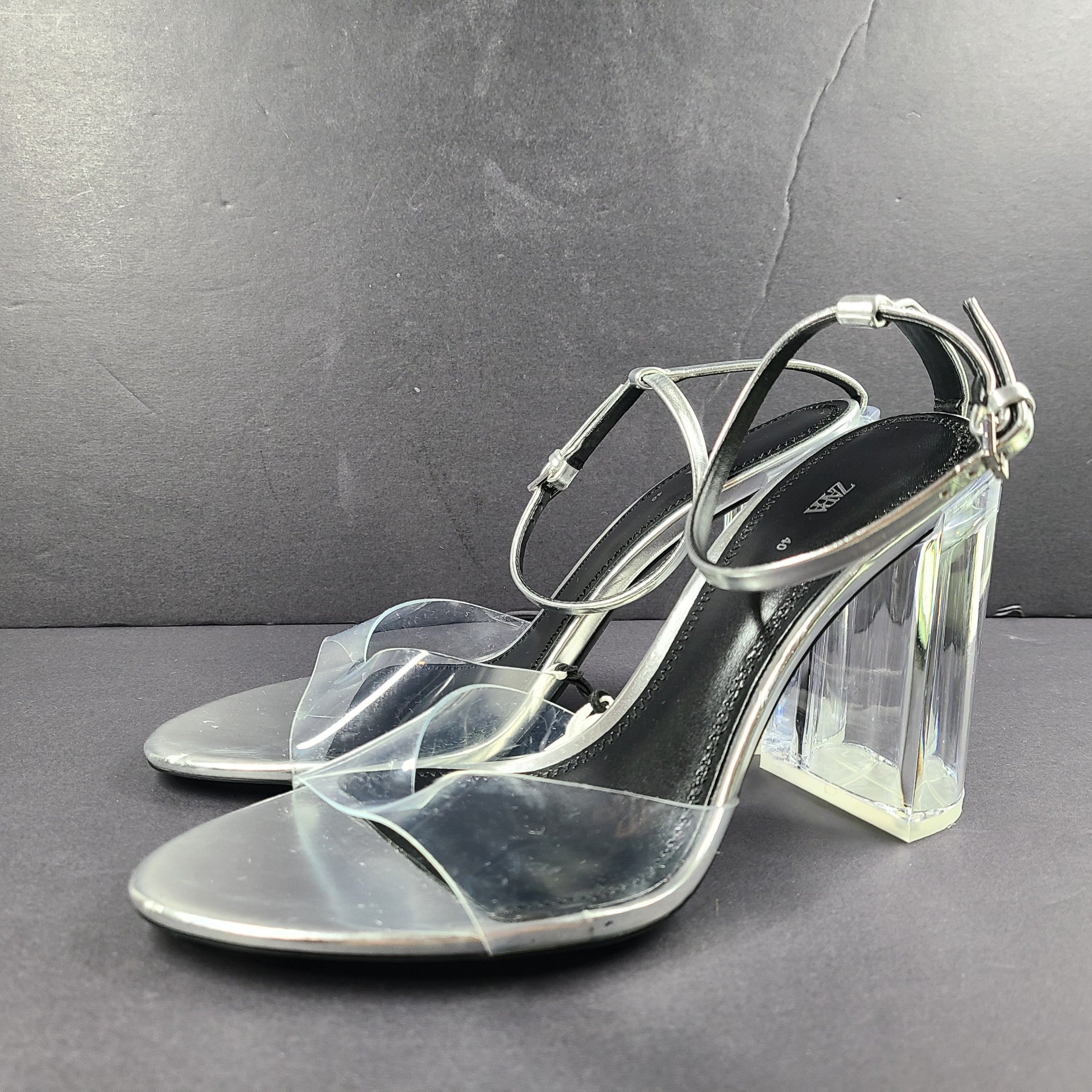 Zara Silver Clear Vinyl Block Heel Open Toe Ankle Strap Sandals Shoes Sz 9