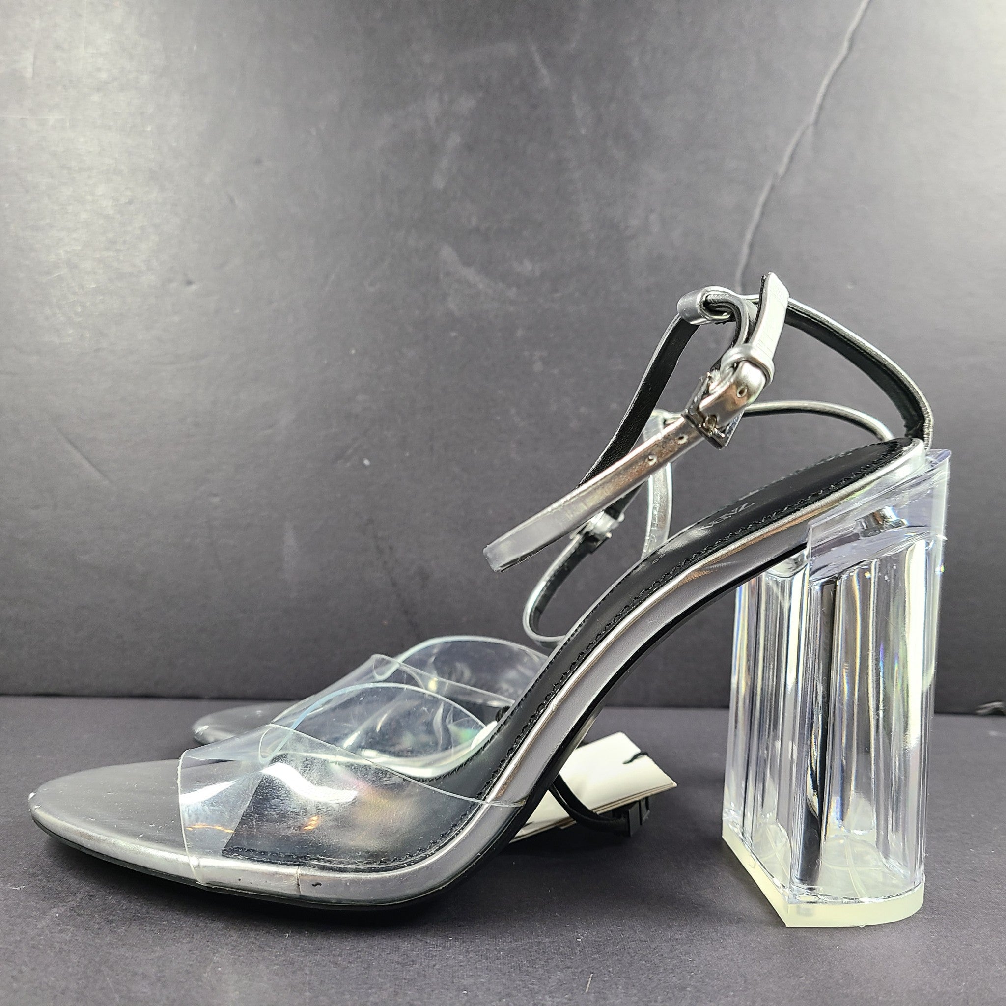 Zara Silver Clear Vinyl Block Heel Open Toe Ankle Strap Sandals Shoes Sz 9