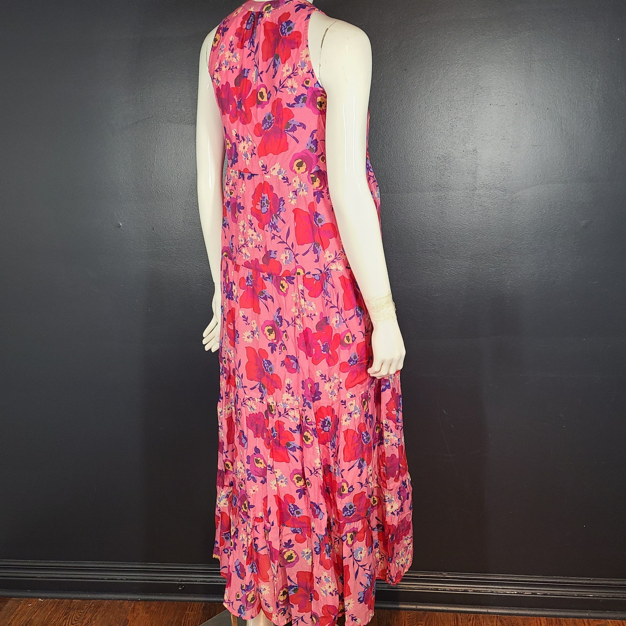 Gerard Darel Paris June Floral Tiered Maxi Dress Pink Sleeveless Sz S