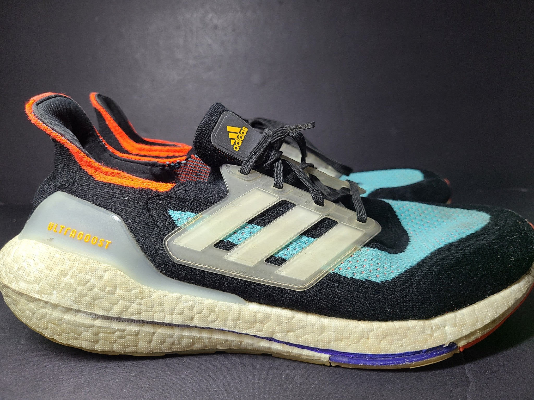 Adidas Men's UltraBoost 21 Black Pulse Aqua Sneakers Shoes S23867 Sz 11.5
