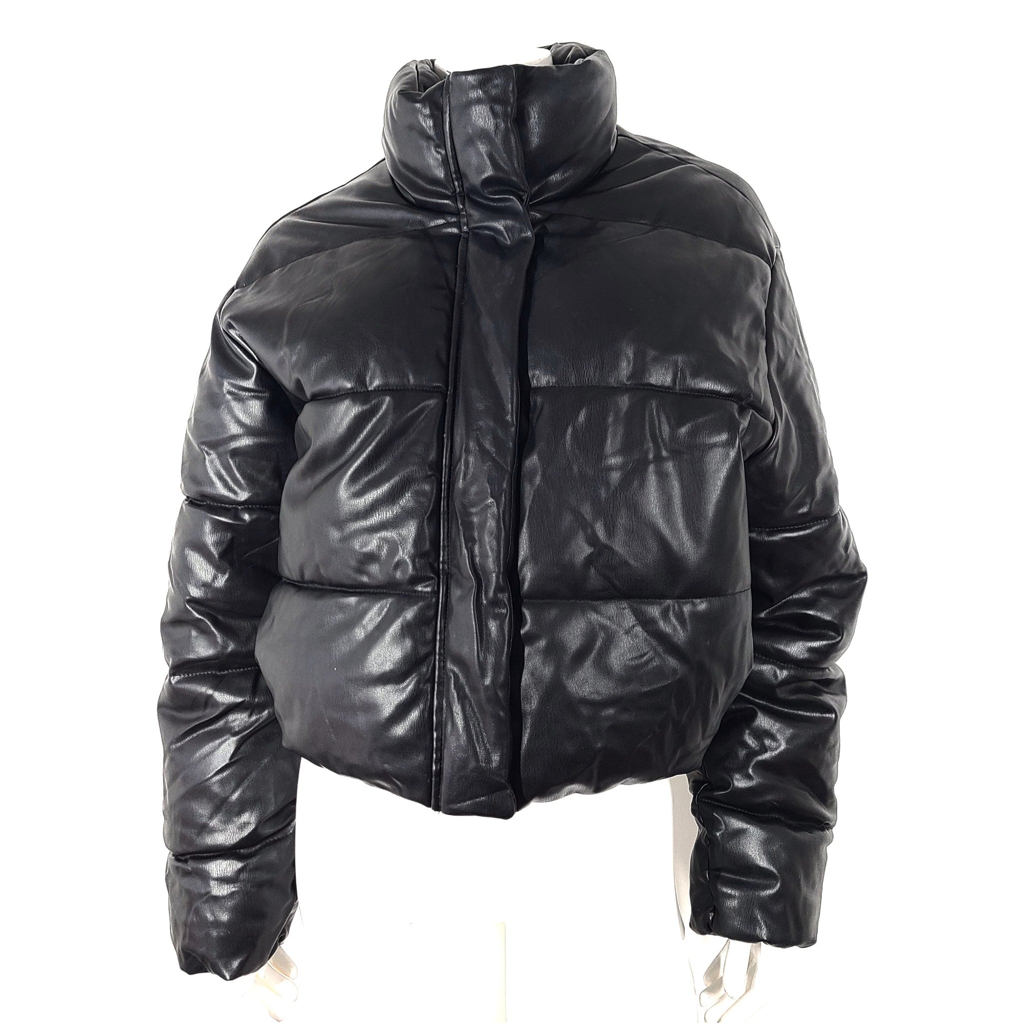 Zara Women's Faux Leather Puffer Jacket Coat Short Black Sz XL