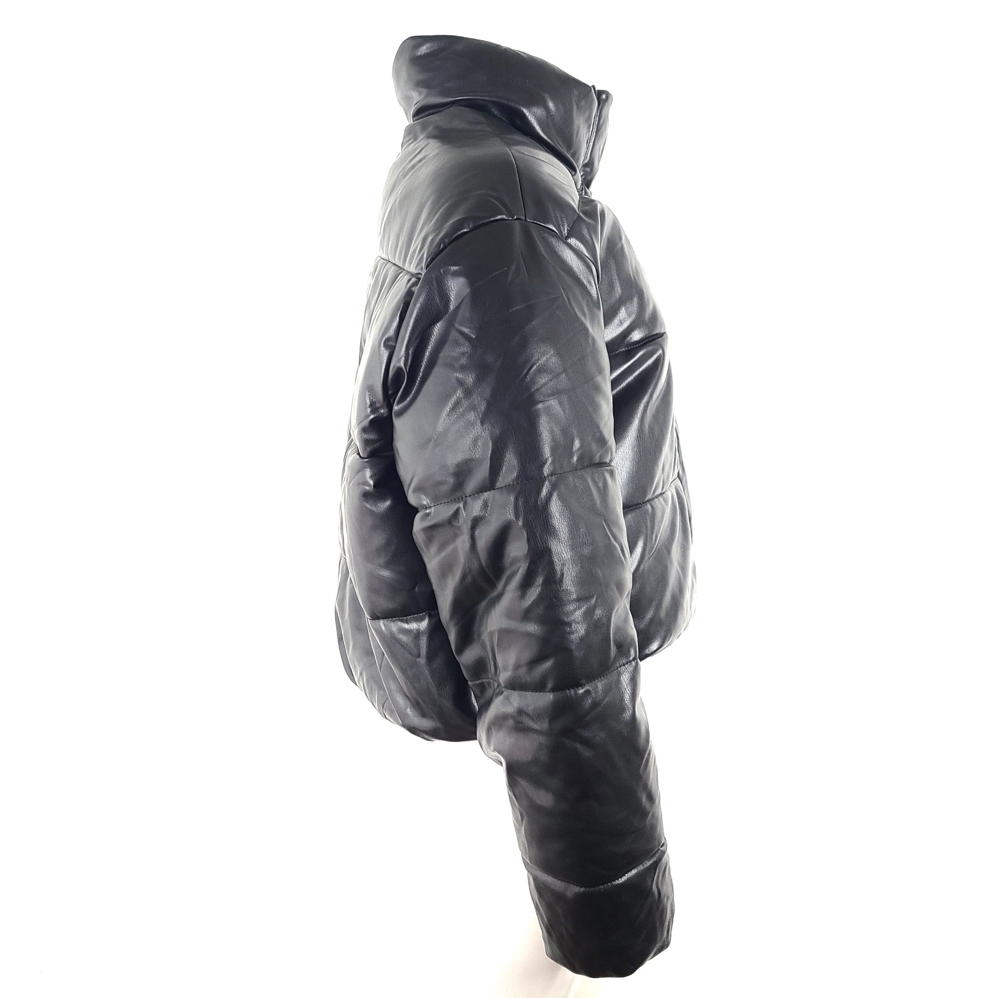 Zara Women's Faux Leather Puffer Jacket Coat Short Black Sz XL