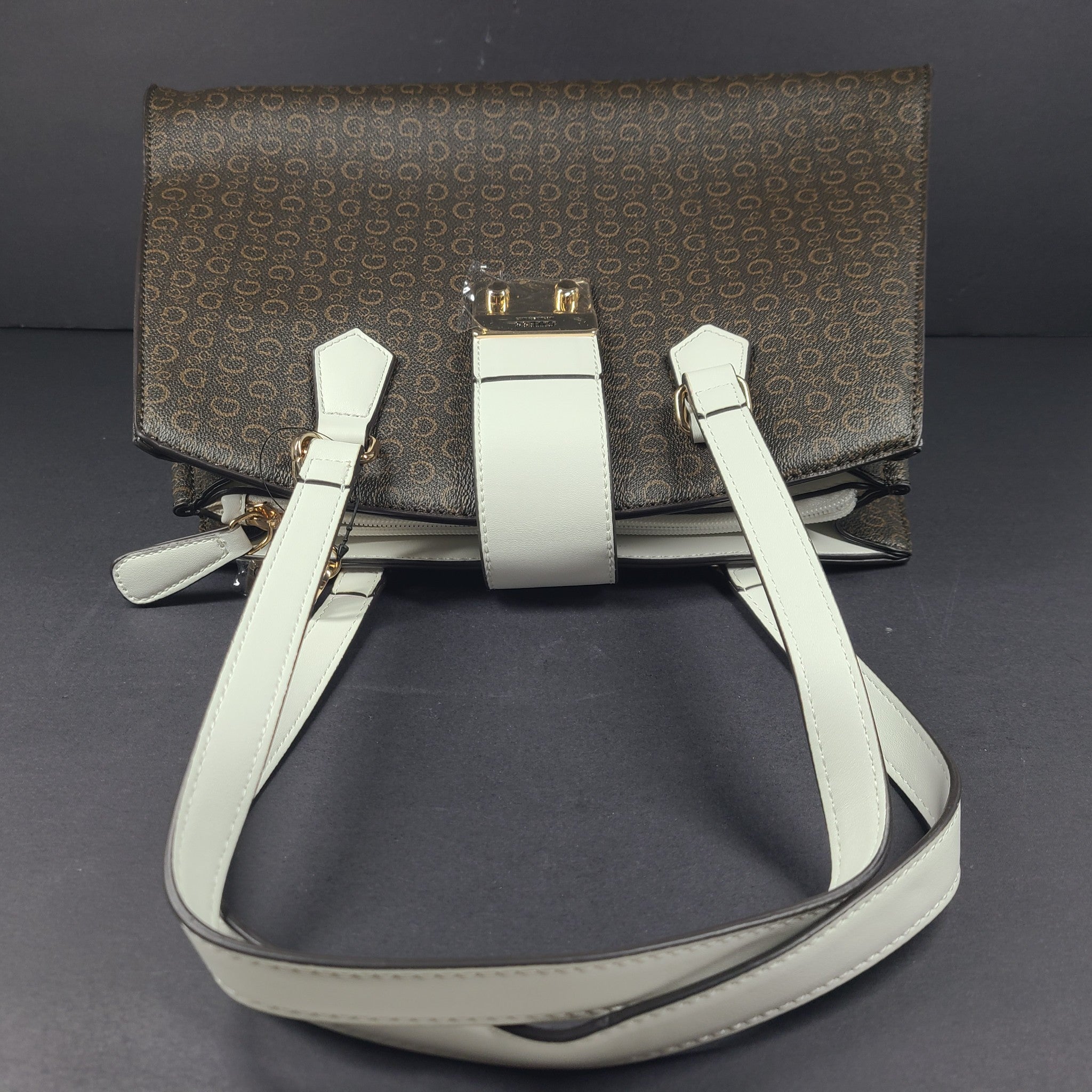 GUESS Women's Zernik Satchel Bag Handbag Purse Monogram Brown NWT