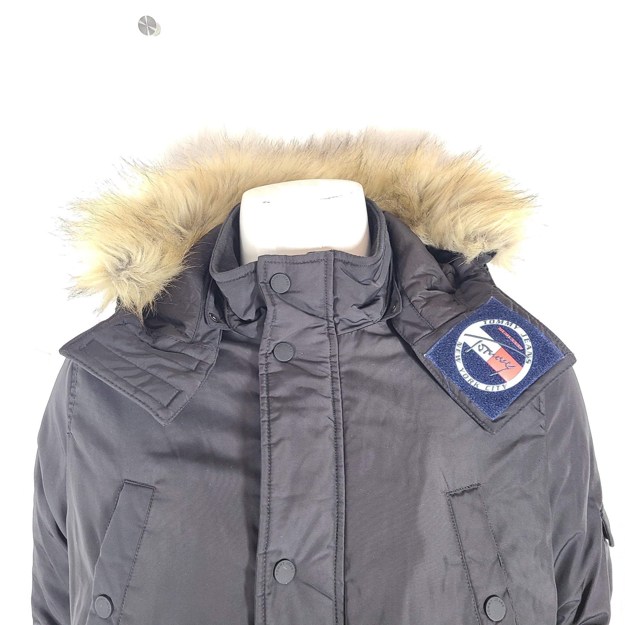 Tommy Hilfiger Jeans Men's TJM Tech Parka Coat Hooded Warm Faux Fur Black Sz L