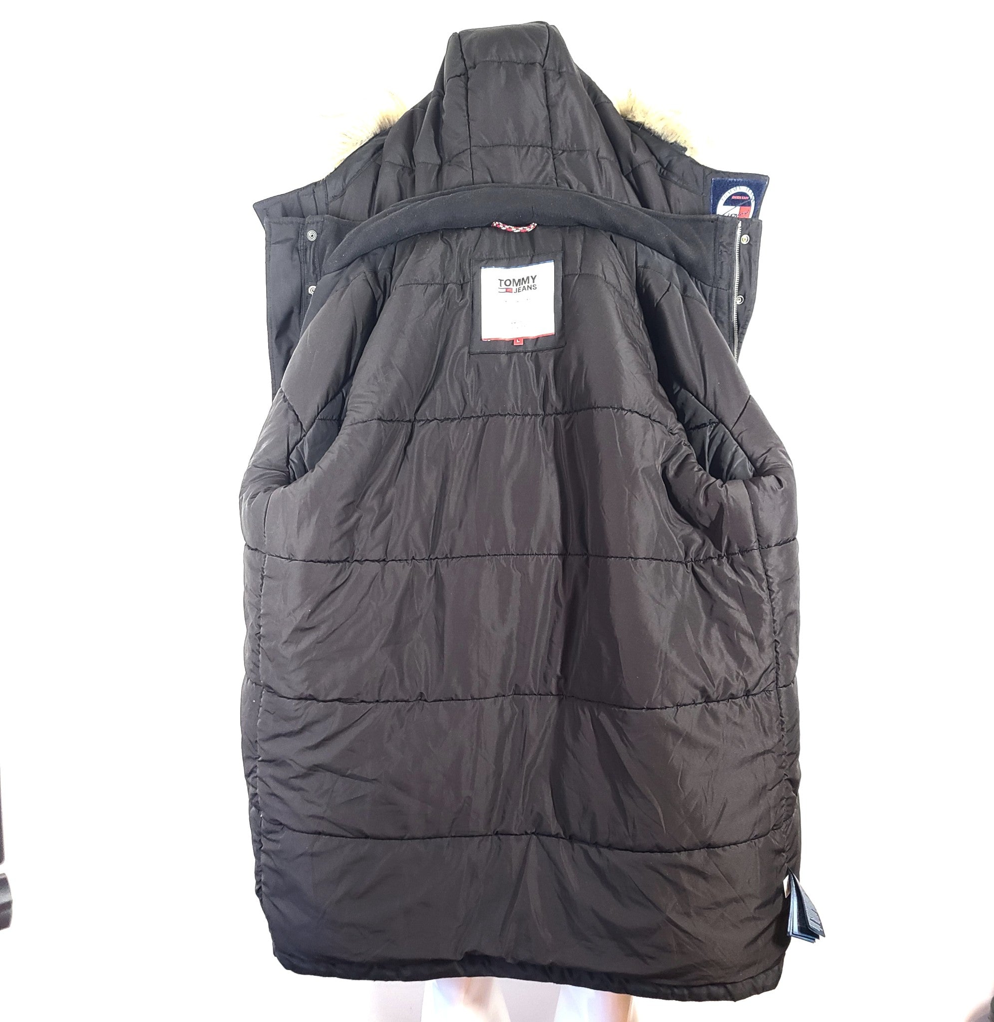 Tommy Hilfiger Jeans Men's TJM Tech Parka Coat Hooded Warm Faux Fur Black Sz L