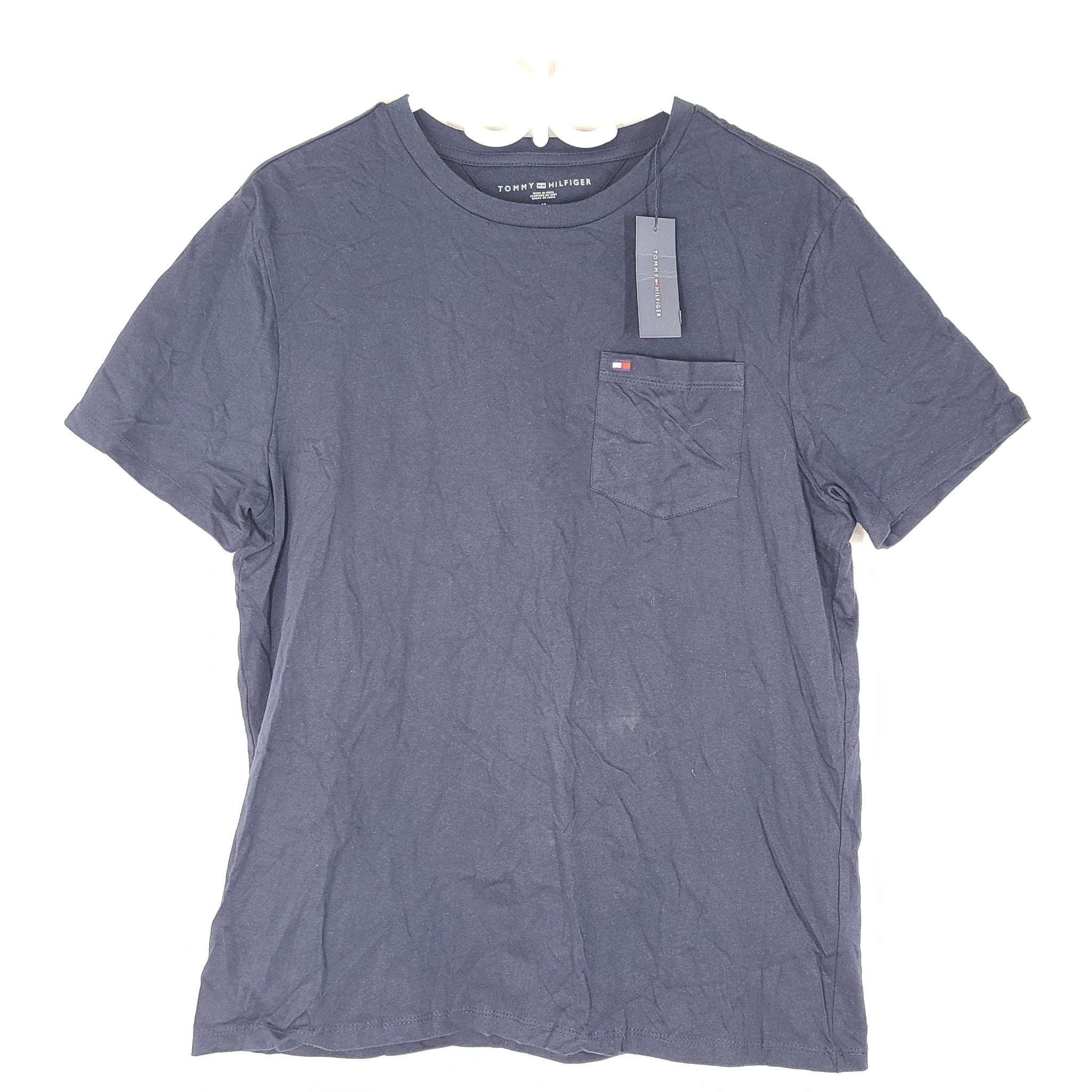 Tommy Hilfiger Men's Crew Neck T-Shirt w/ Beach Chest Pocket Flag Logo Navy Sz M