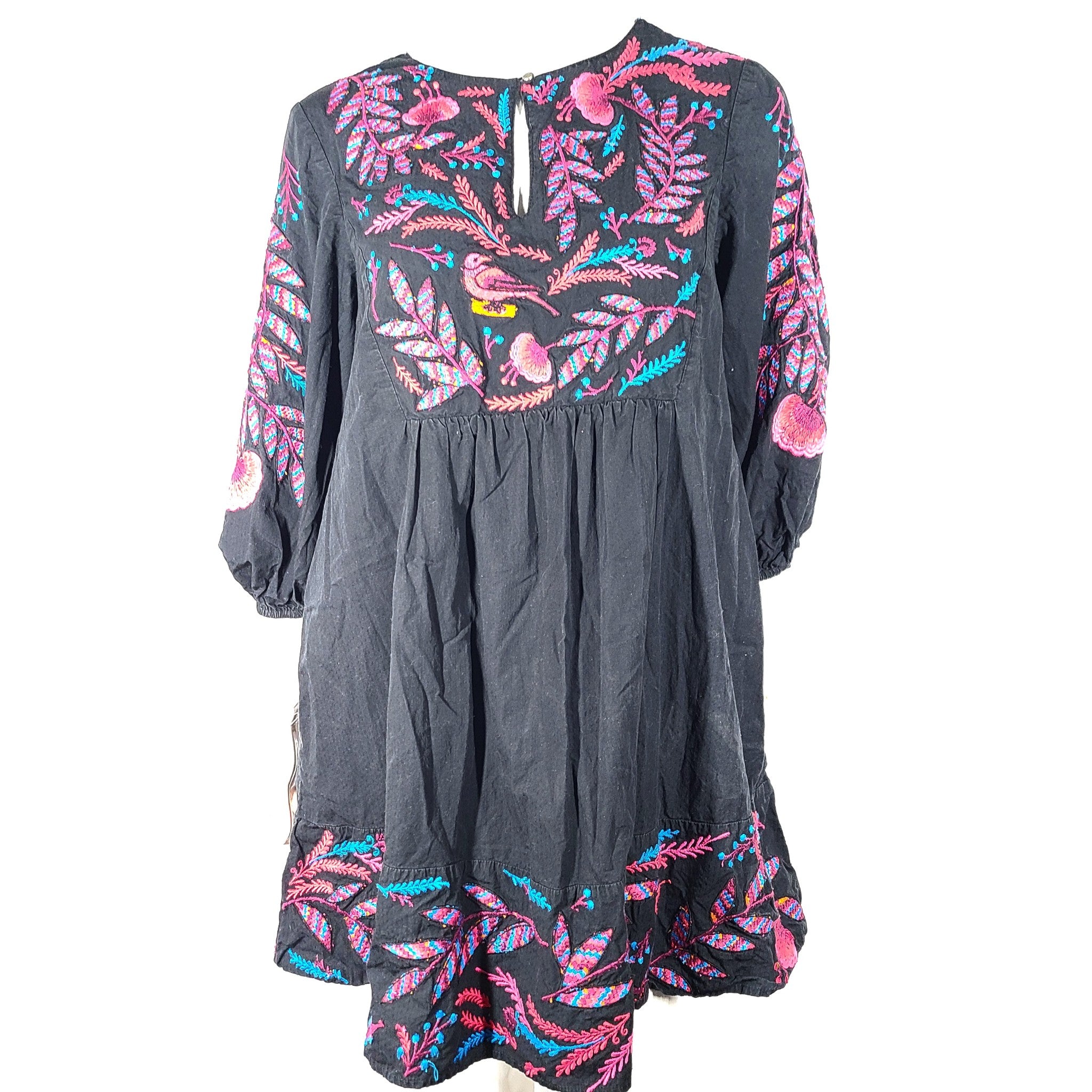 Anthropologie Maeve Embroidered Floral Tunic Dress Mini Boho Black Sz M