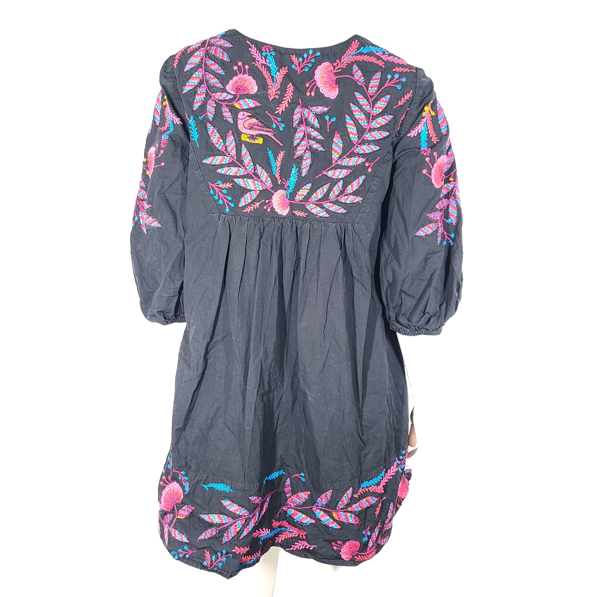 Anthropologie Maeve Embroidered Floral Tunic Dress Mini Boho Black Sz M