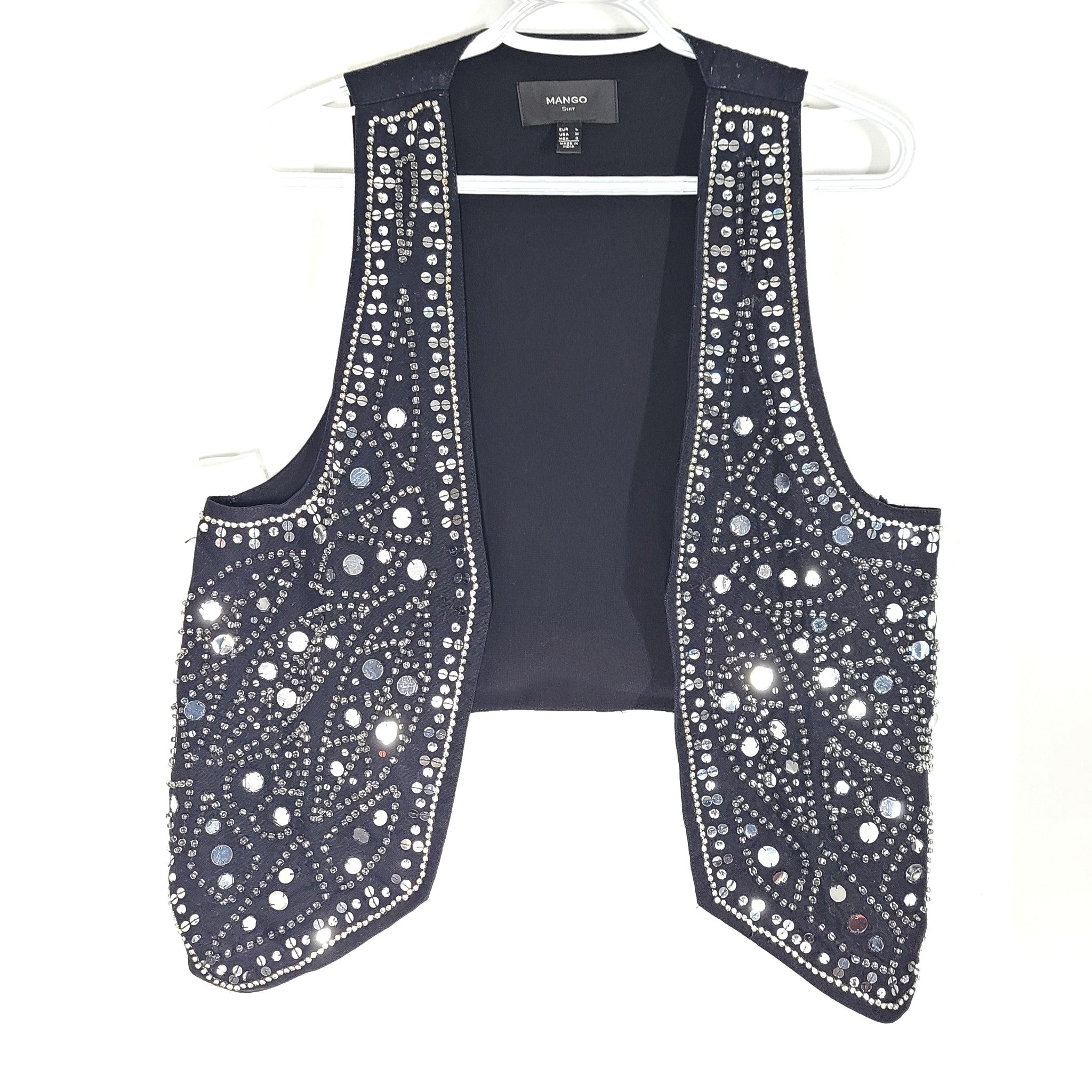Mango MNG Women's Sequin Embroidered Vest Open Sleeveless Black Sz M