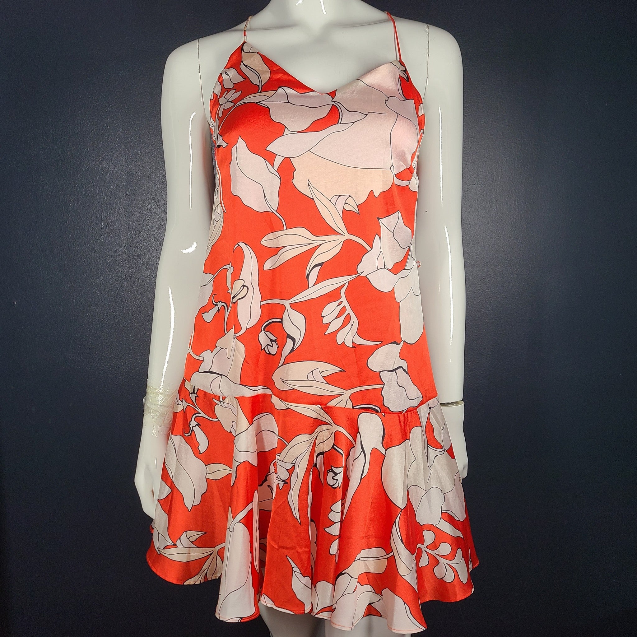 Philosophy Calla Lily Floral Print Satin Dress Ruffle Hem Strappy Red Sz Xs