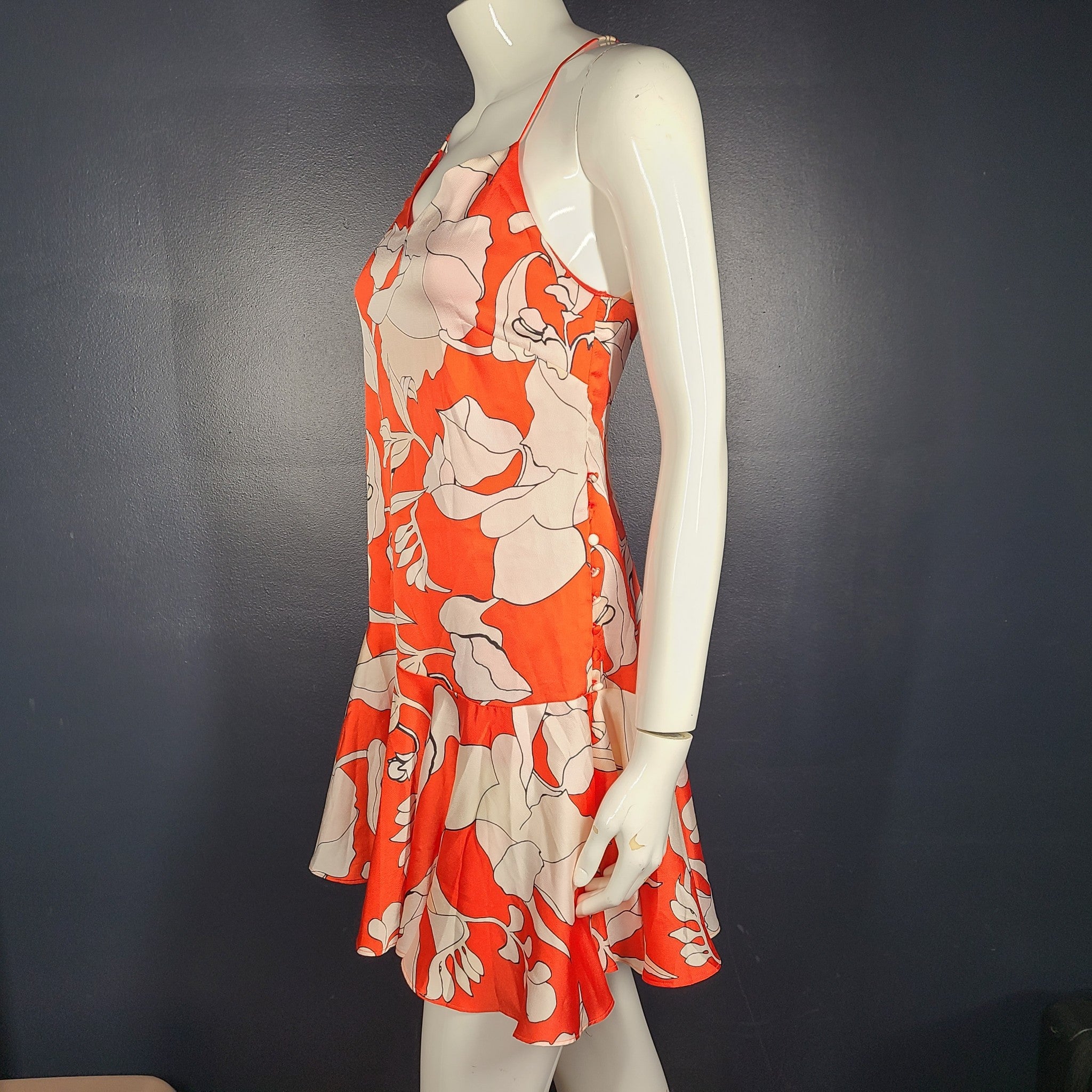 Philosophy Calla Lily Floral Print Satin Dress Ruffle Hem Strappy Red Sz Xs