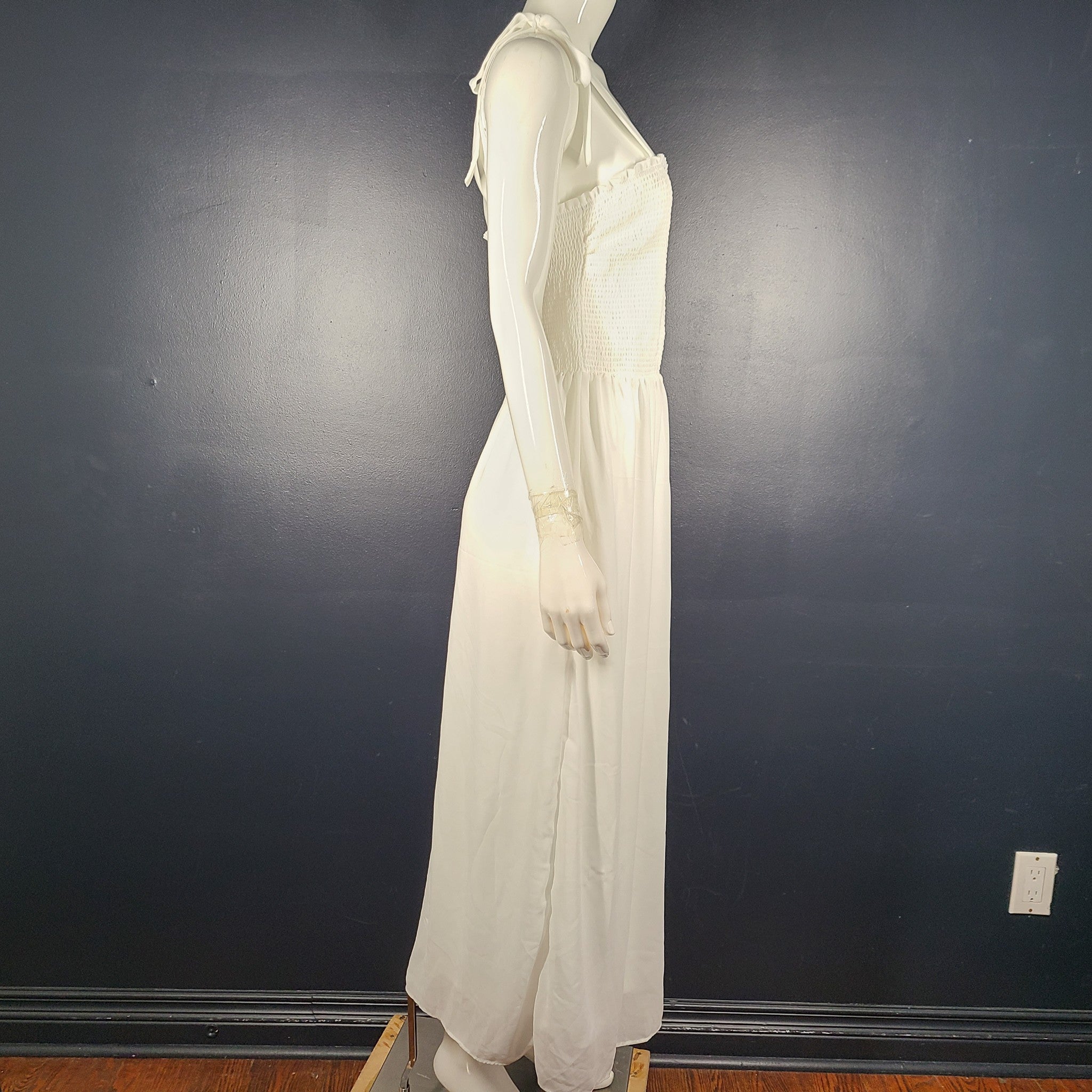 Dex Tie-Strap Smocked Maxi Dress Light Flowy Breathable Romantic White Sz M