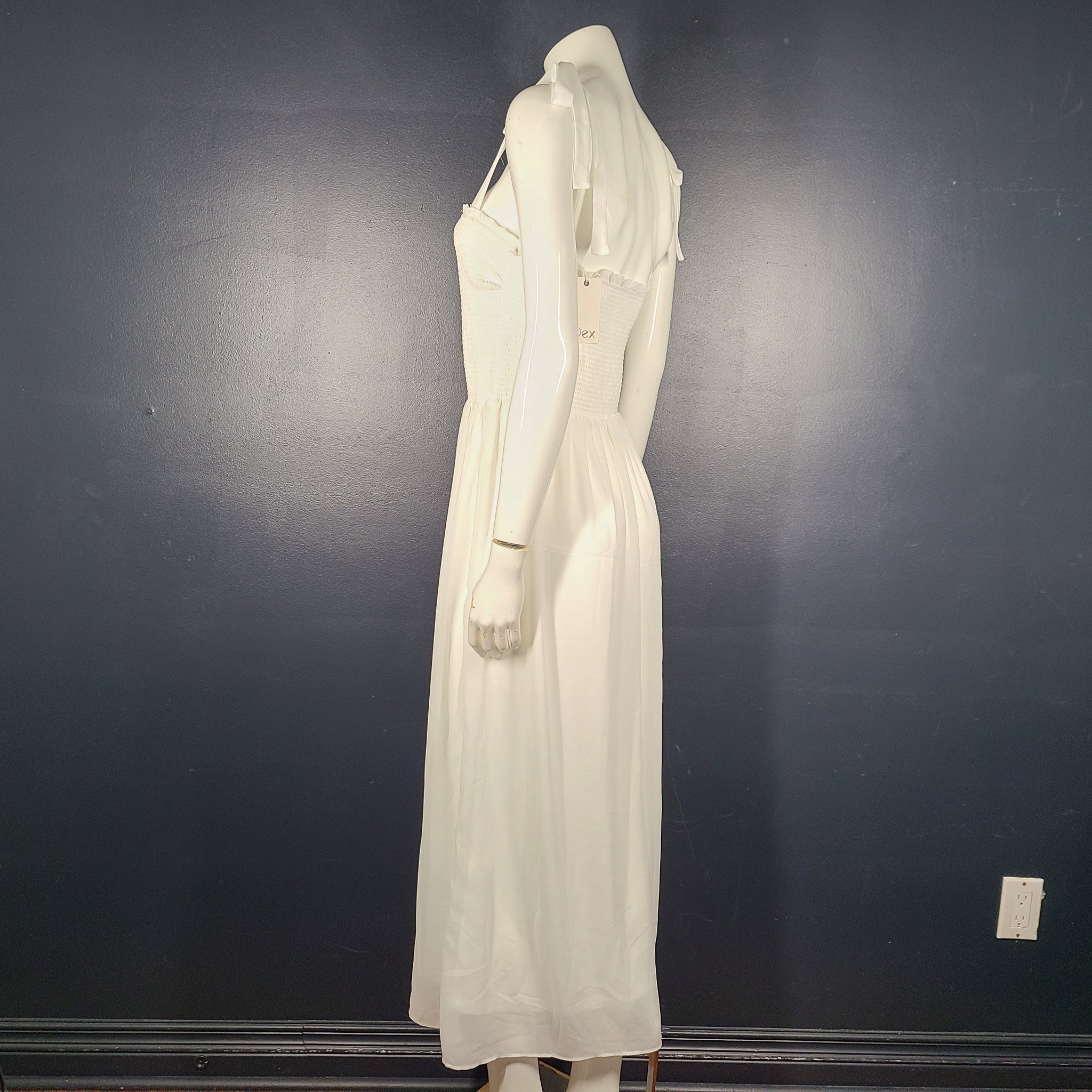 Dex Tie-Strap Smocked Maxi Dress Light Flowy Breathable Romantic White Sz M