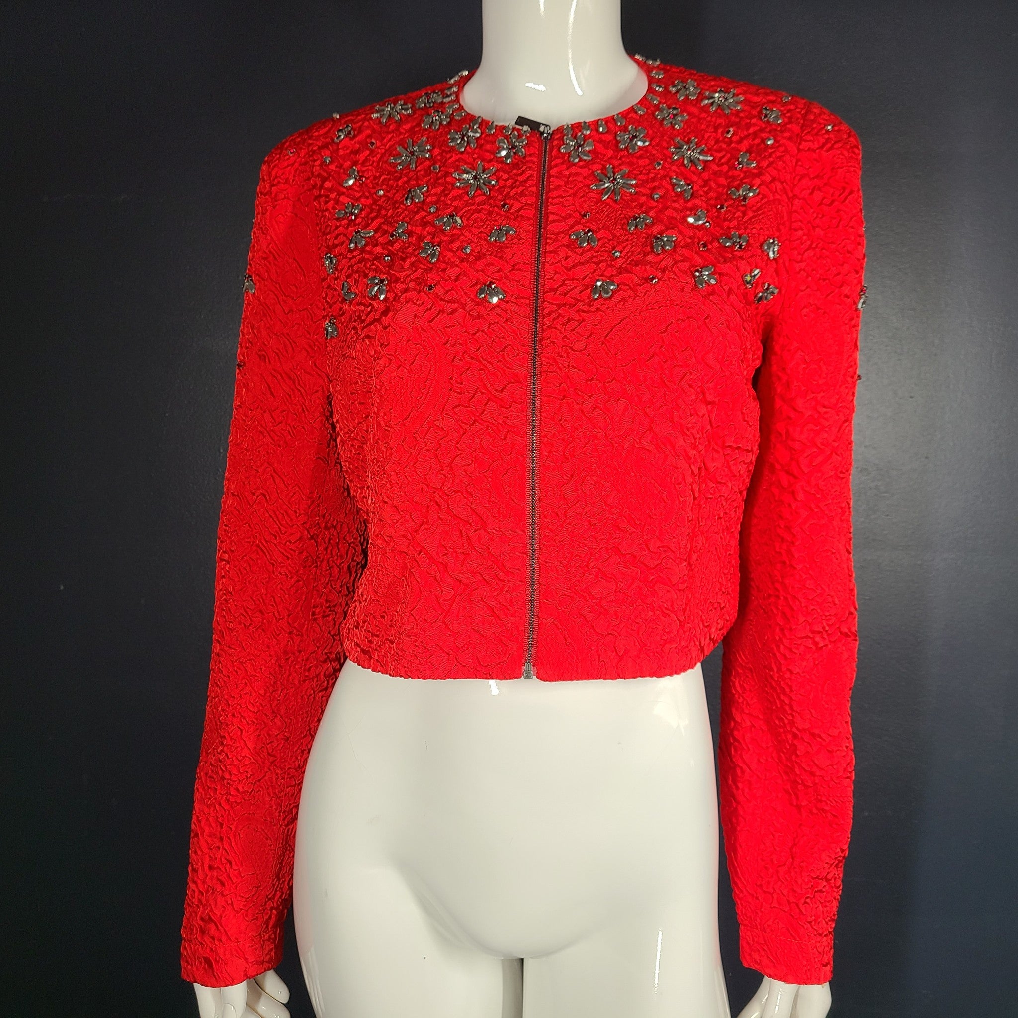 Karen Millen Crystal Embellished Blazer Jacket Beads Sequins Cropped Red Sz 10
