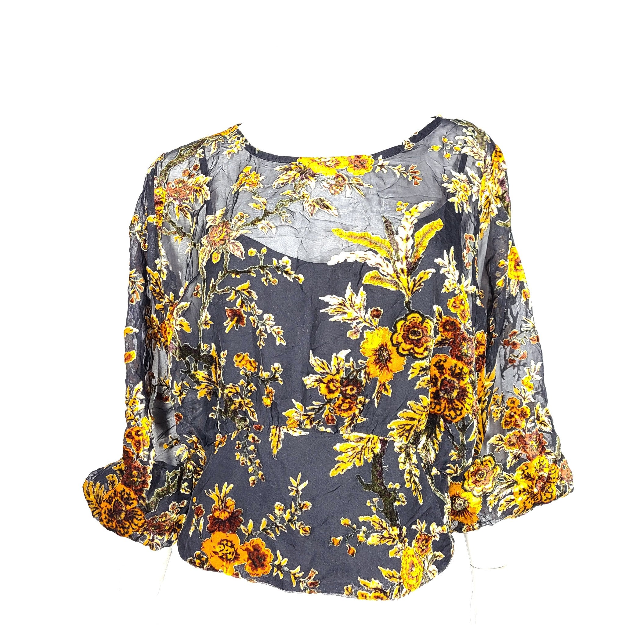 ASTR The Label Women's Nora Floral Top Sheer  Black Gold Sz L