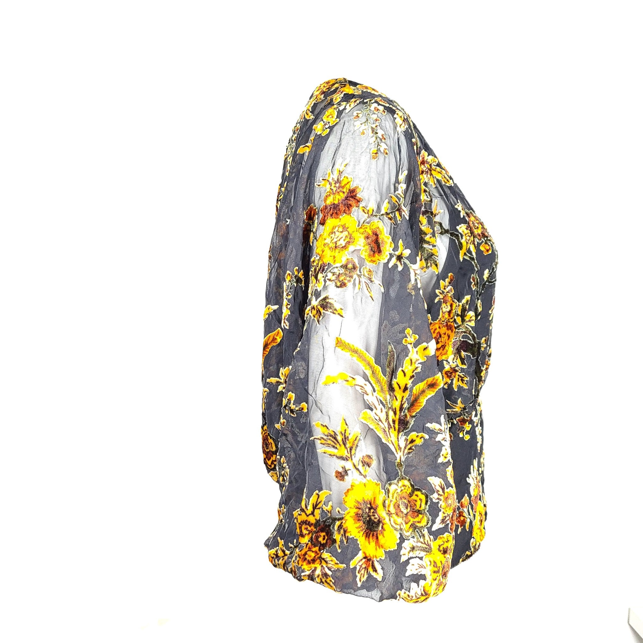 ASTR The Label Women's Nora Floral Top Sheer  Black Gold Sz L