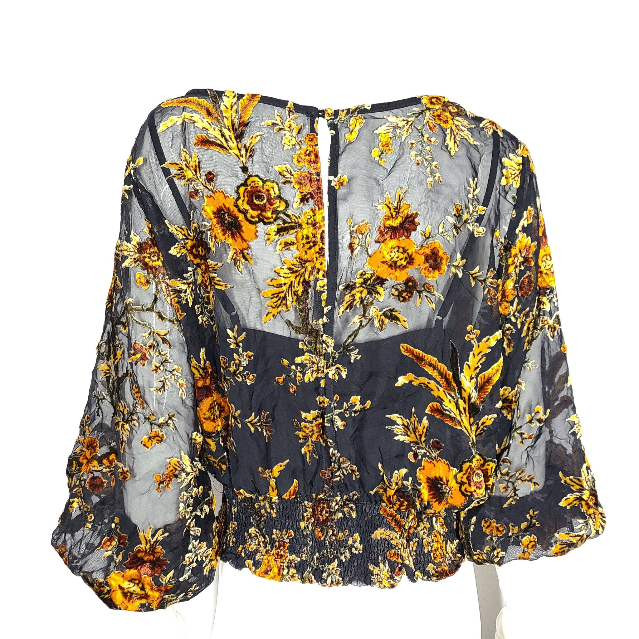 ASTR The Label Women's Nora Floral Top Sheer  Black Gold Sz L