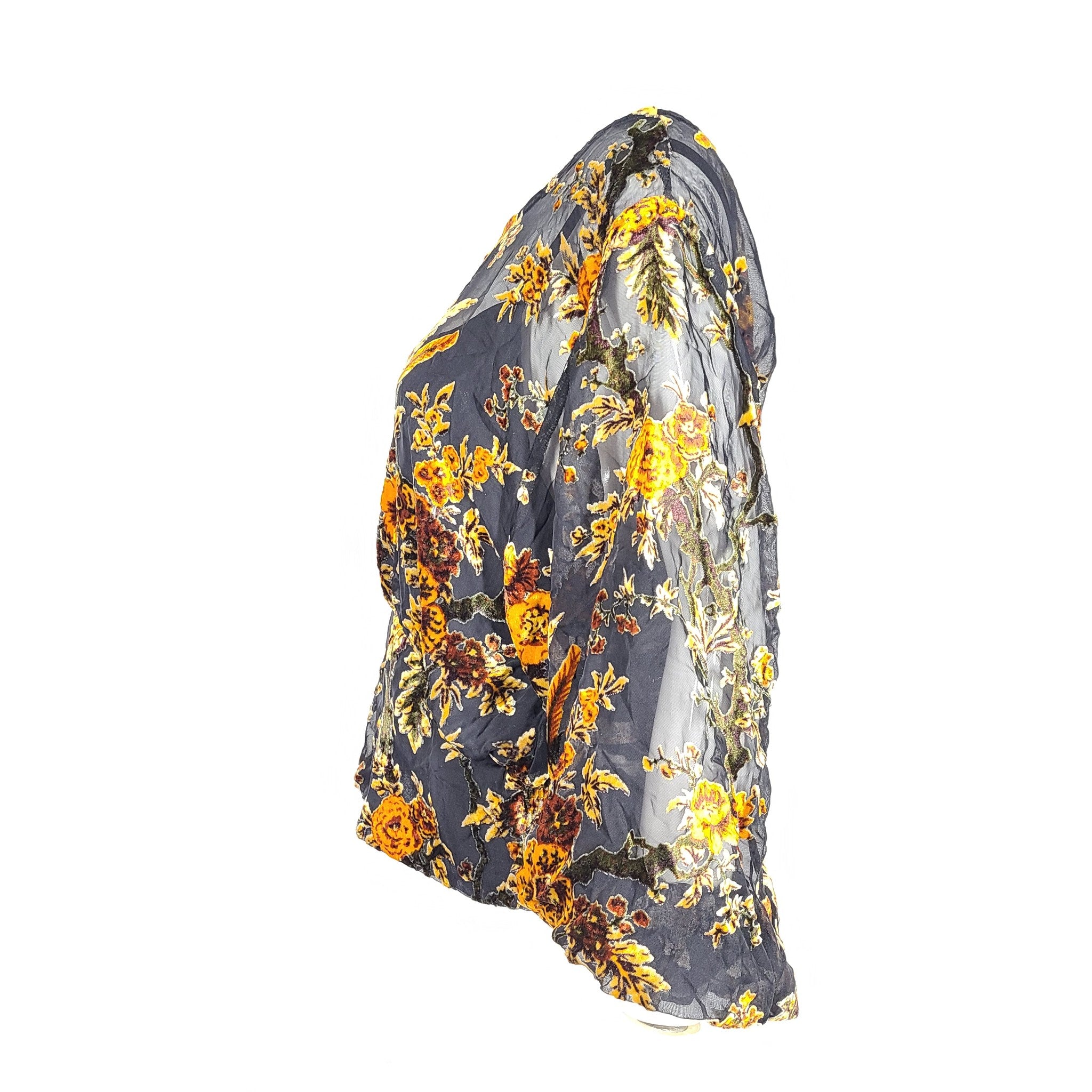 ASTR The Label Women's Nora Floral Top Sheer  Black Gold Sz L