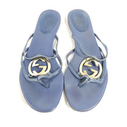 Gucci Women's GG Cage Thong Leather Flat Sandals Comfort Blue Size 7