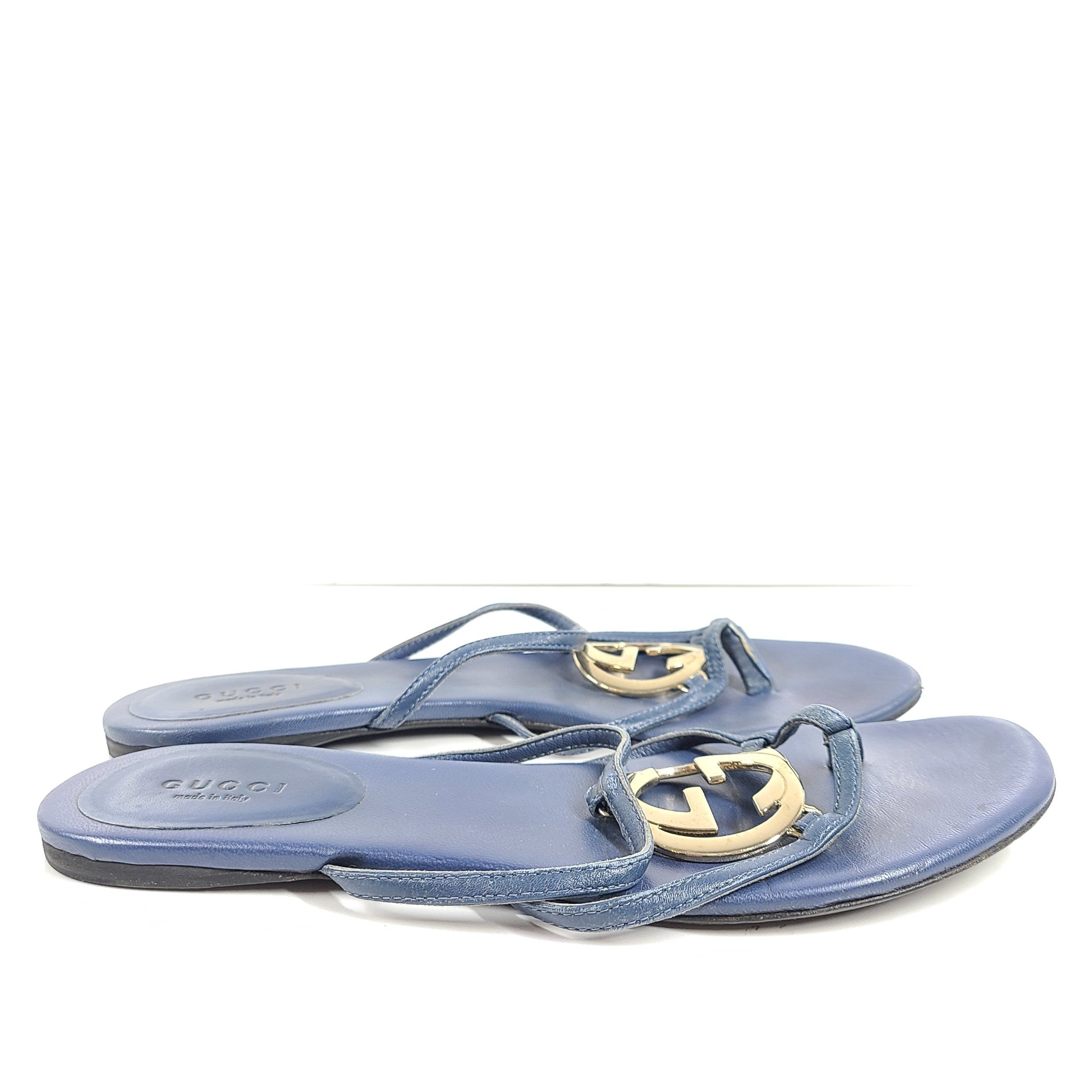 Gucci Women's GG Cage Thong Leather Flat Sandals Comfort Blue Size 7