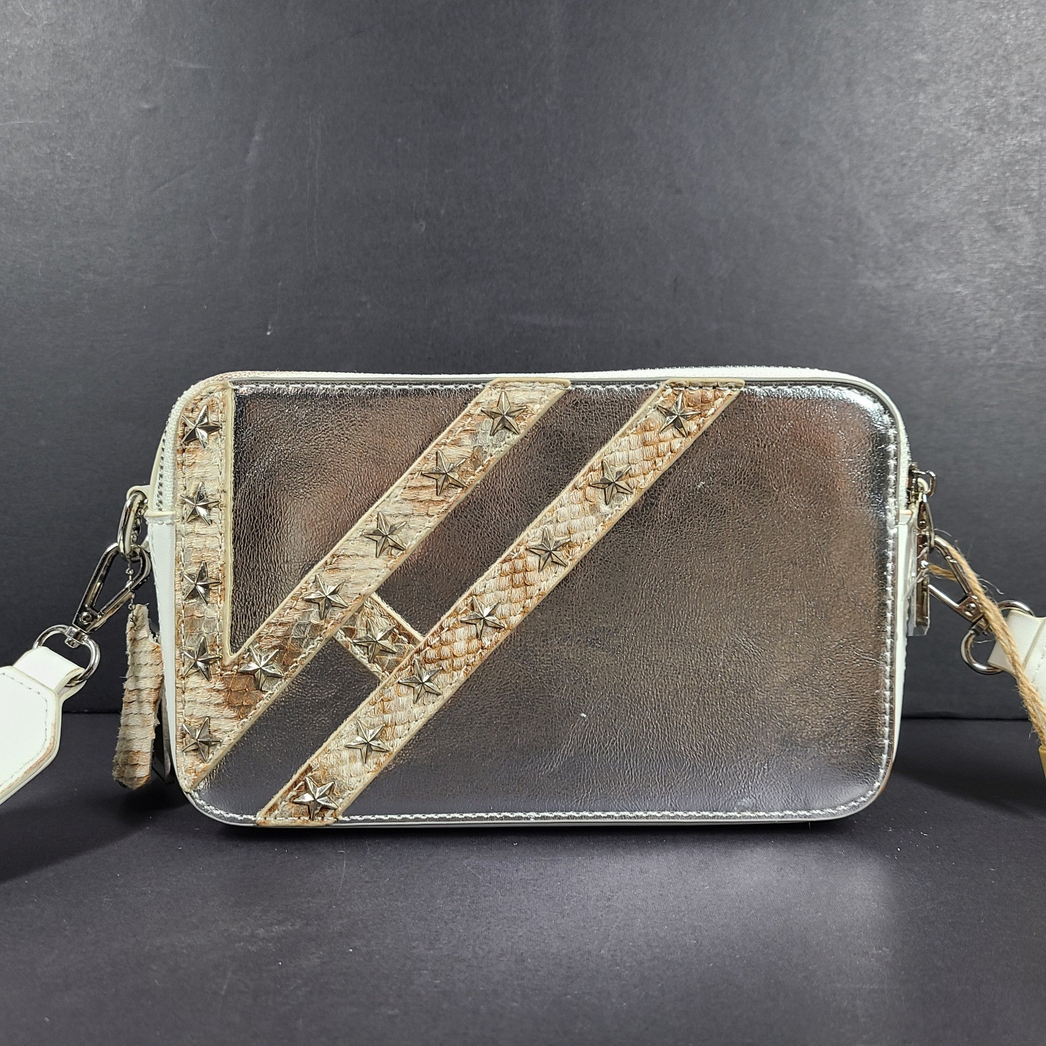 Vintage Havana Meme Handbag Crossbody Shoulder Purse Silver Metallic White