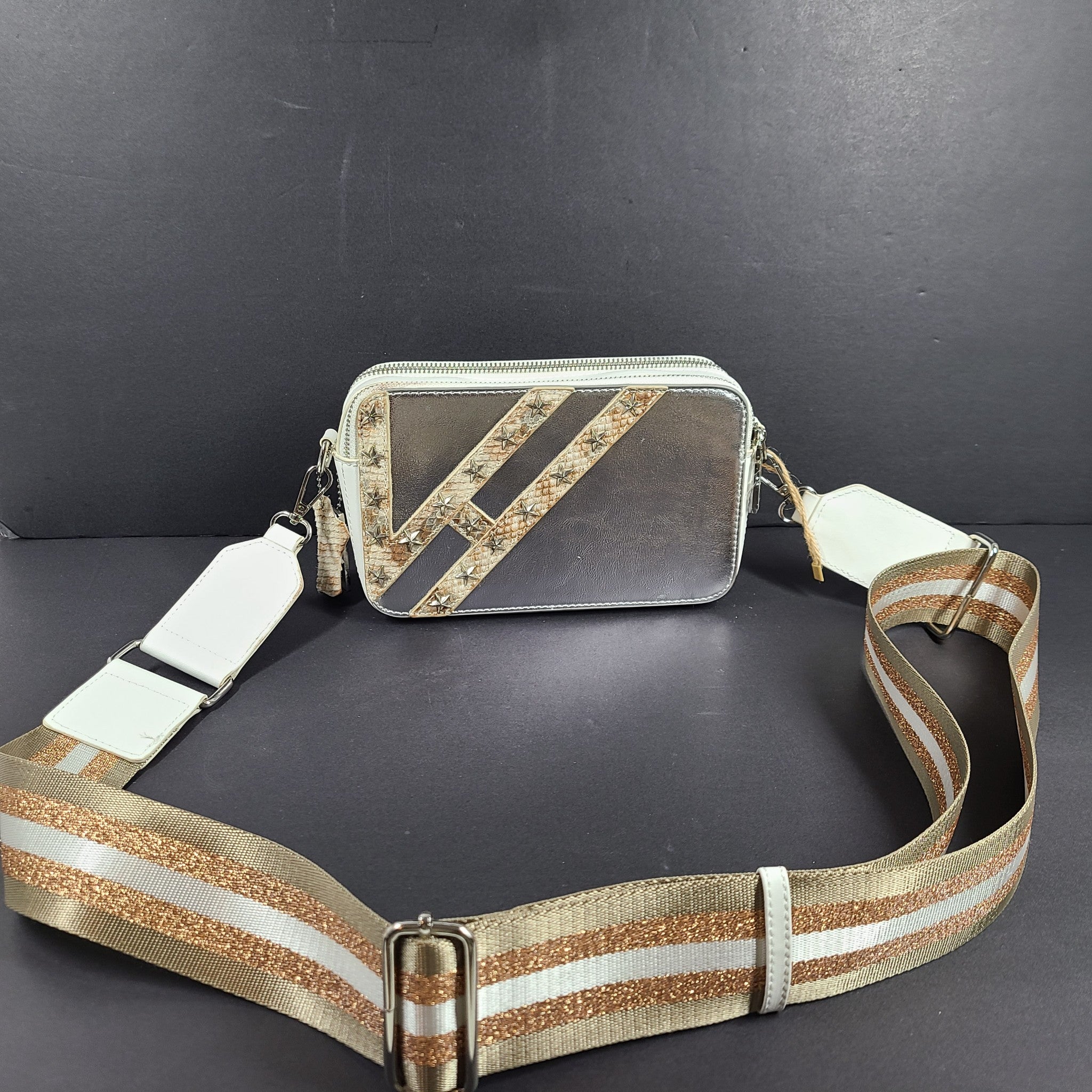 Vintage Havana Meme Handbag Crossbody Shoulder Purse Silver Metallic White