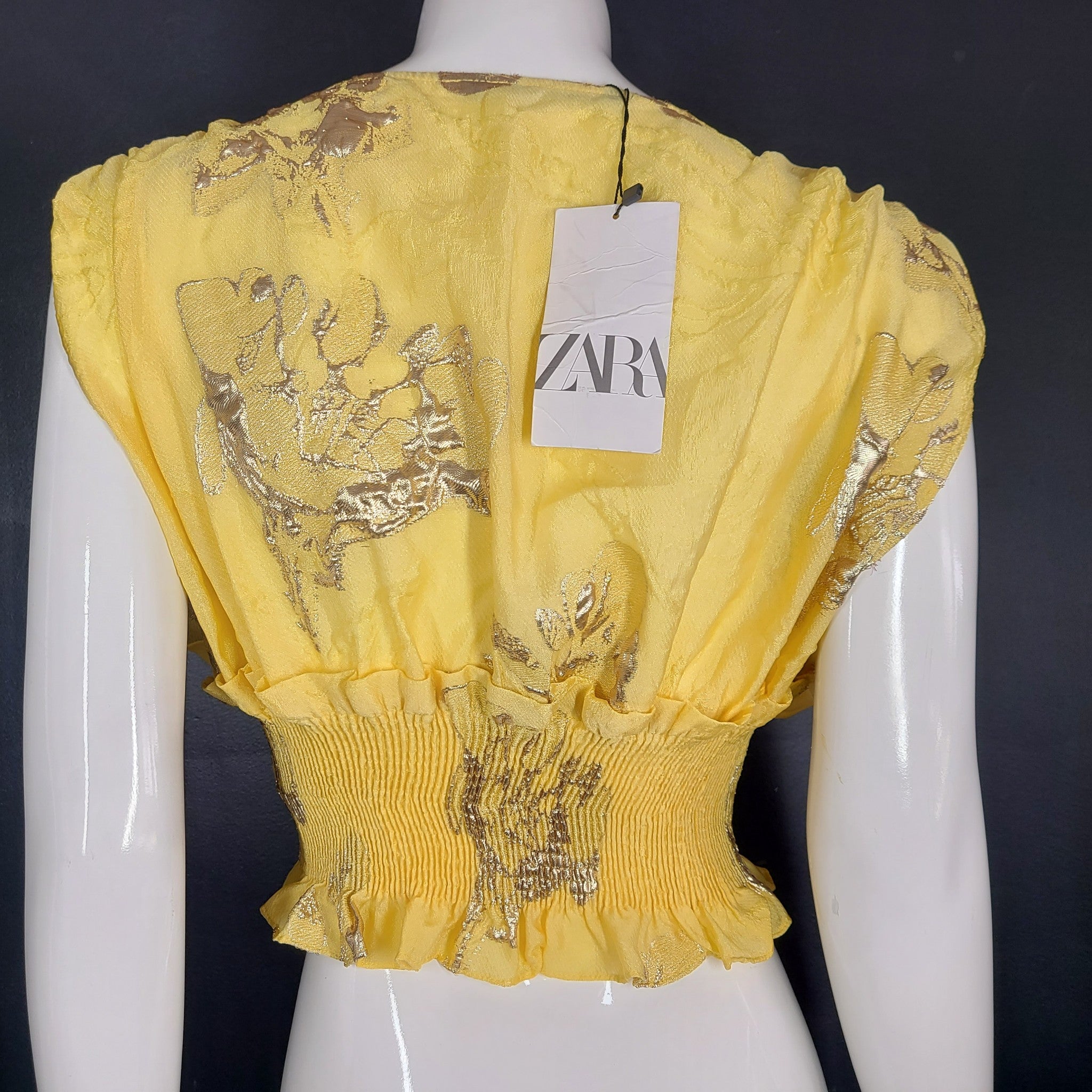Zara Women's Stretchy Crop Top Ruffles Limited Edition Gold Splash Yellow Sz L
