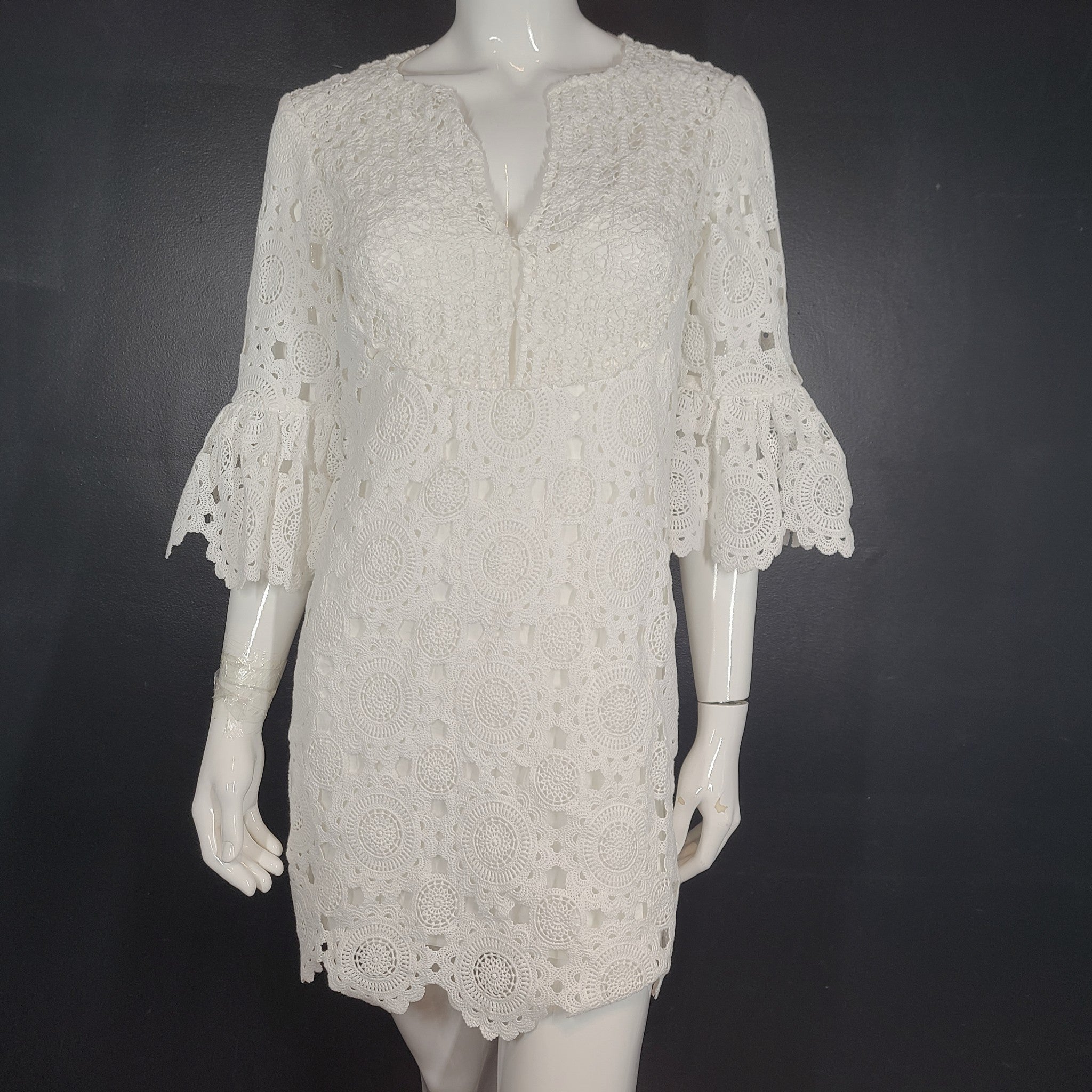 Maje Guipure Lace Short Mini Dress Flared Sleeves Crocheted White Sz S (36)