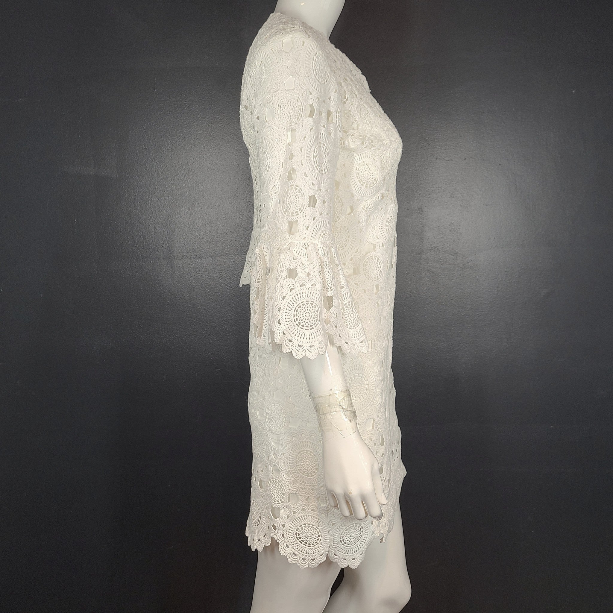 Maje Guipure Lace Short Mini Dress Flared Sleeves Crocheted White Sz S (36)