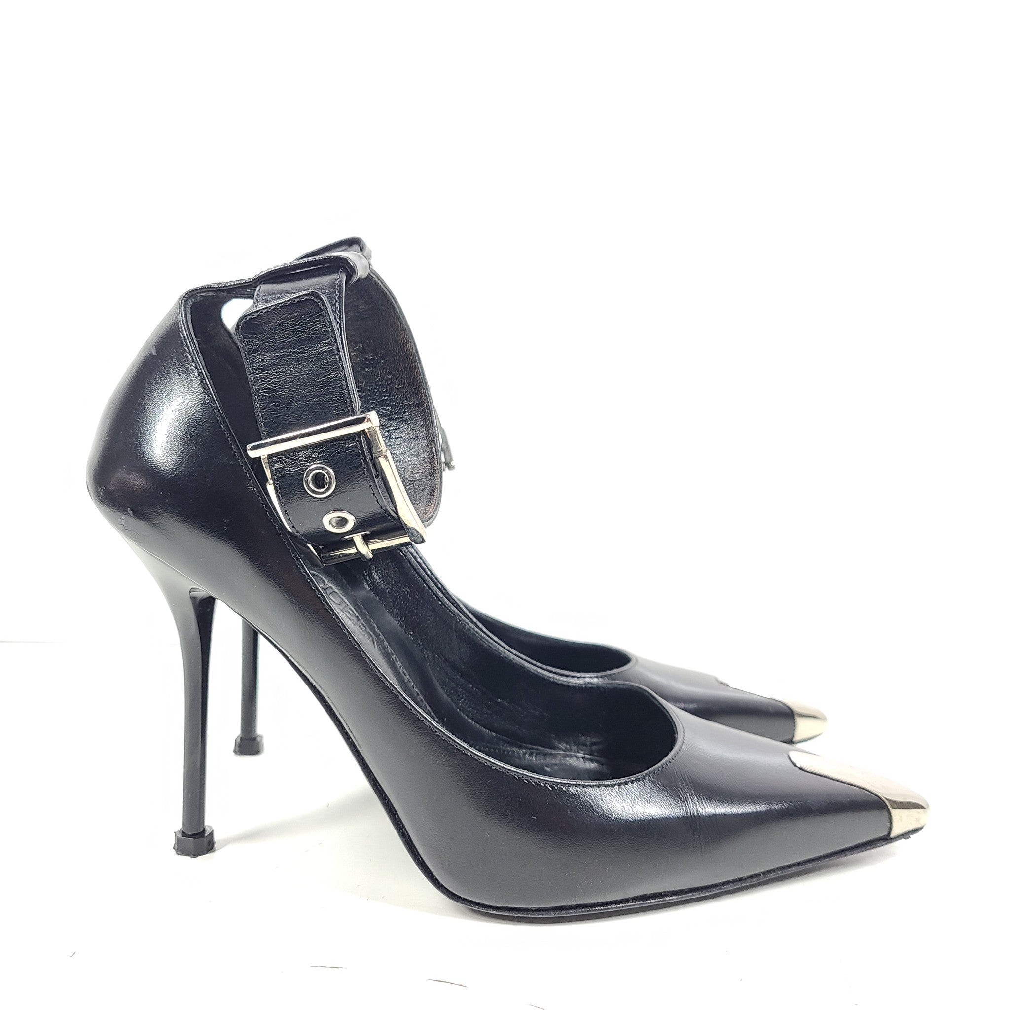 Alexander McQueen Punk Ankle Strap Pump Leather Heels Buckled Black Sz 7.5