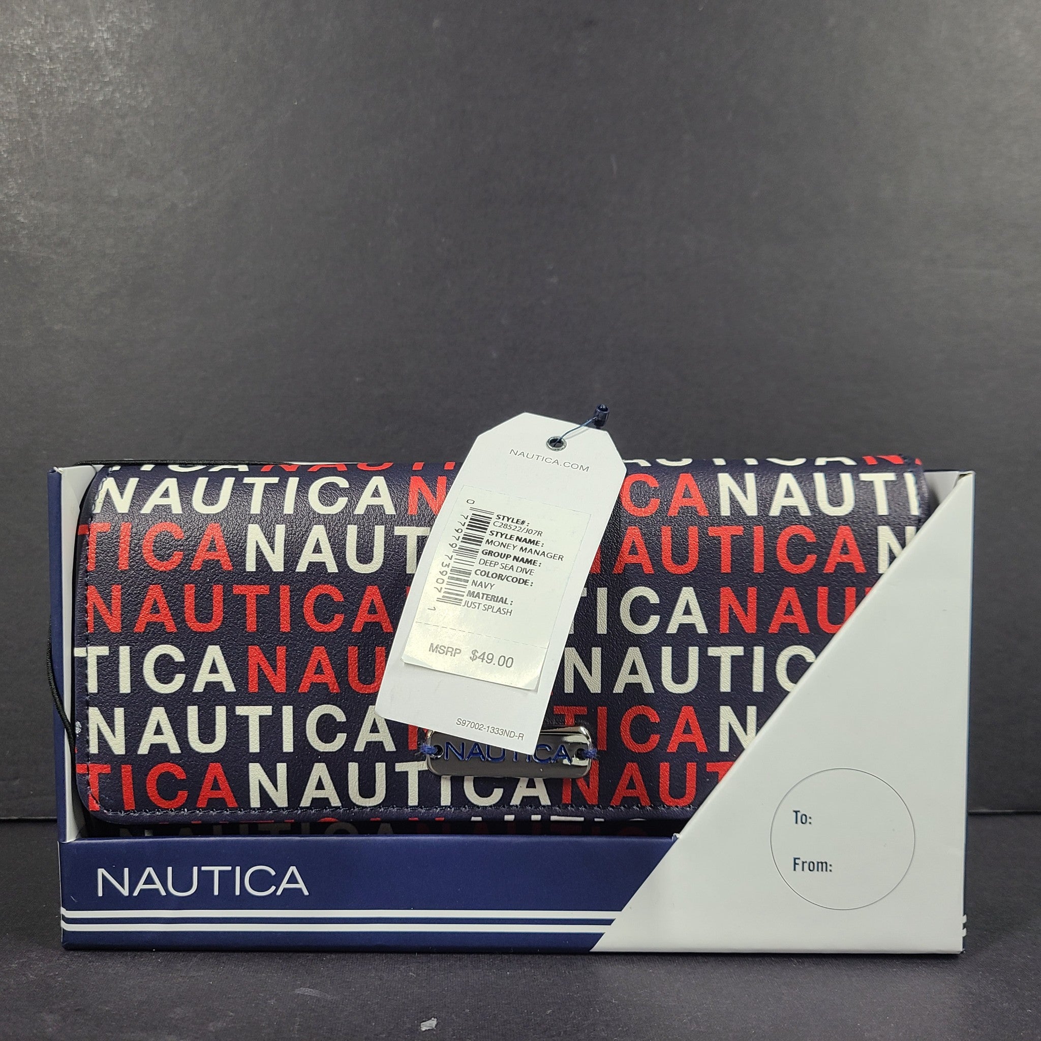 Nautica Money Manager Continental Wallet Gift Box Logo Print Navy Blue NWT