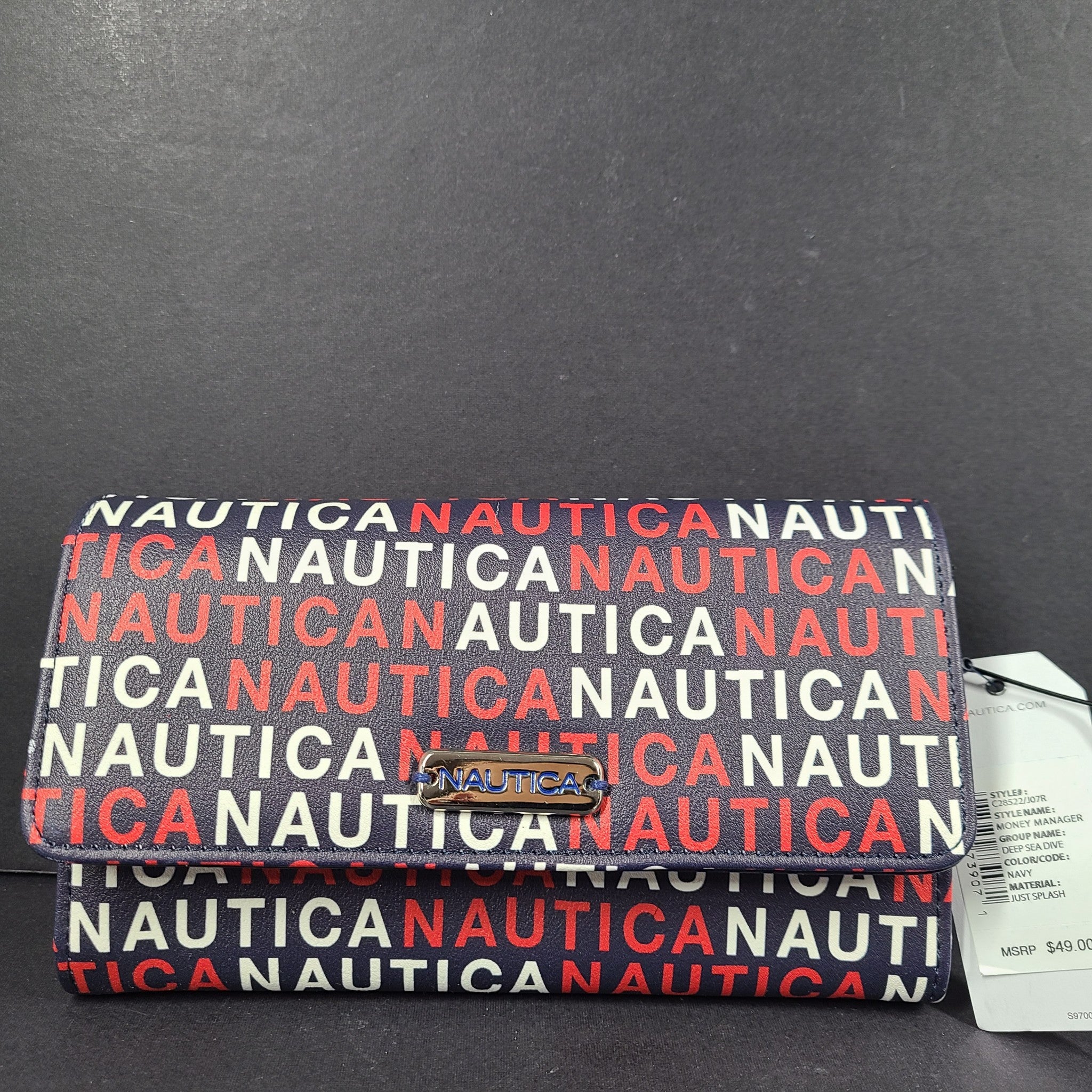 Nautica Money Manager Continental Wallet Gift Box Logo Print Navy Blue NWT