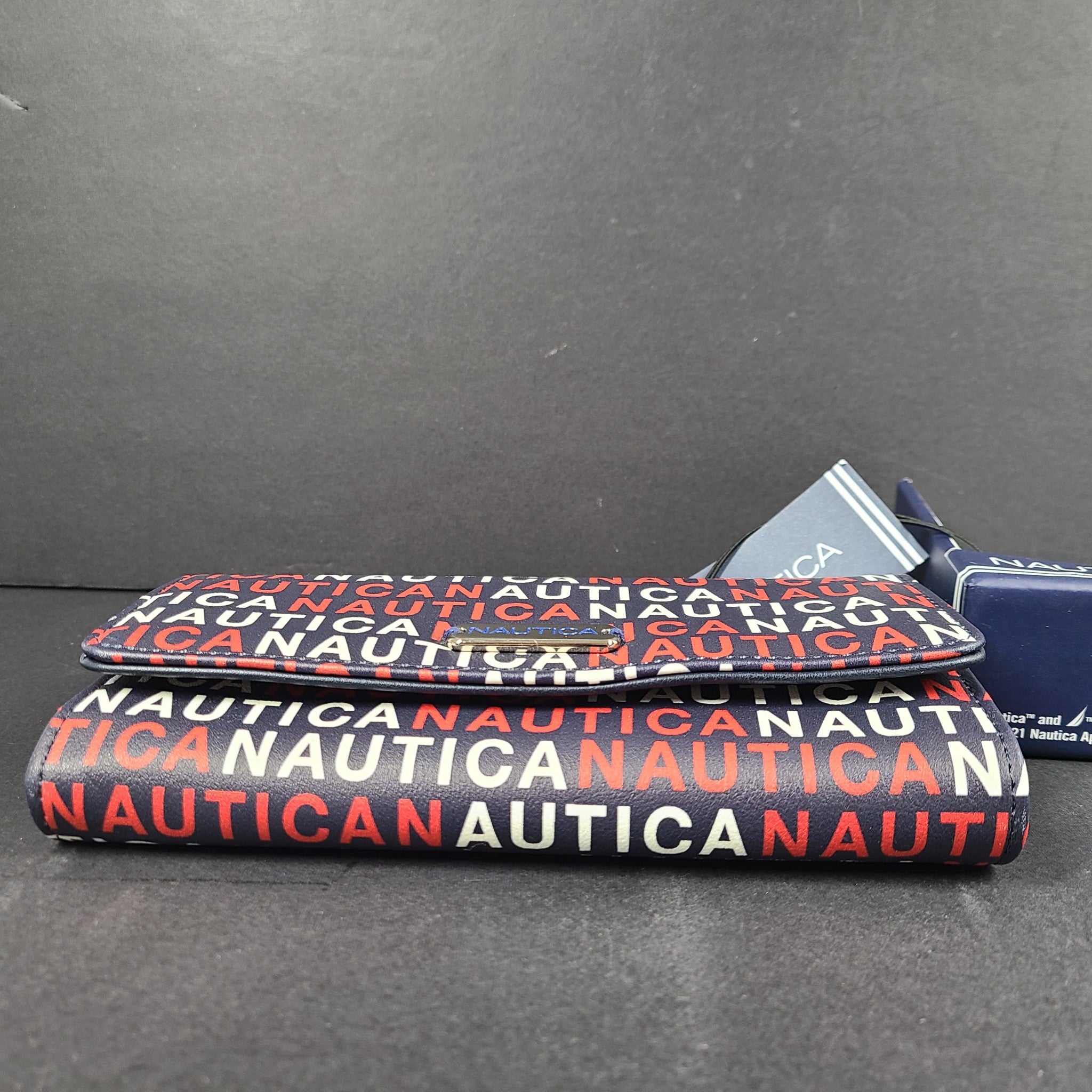 Nautica Money Manager Continental Wallet Gift Box Logo Print Navy Blue NWT