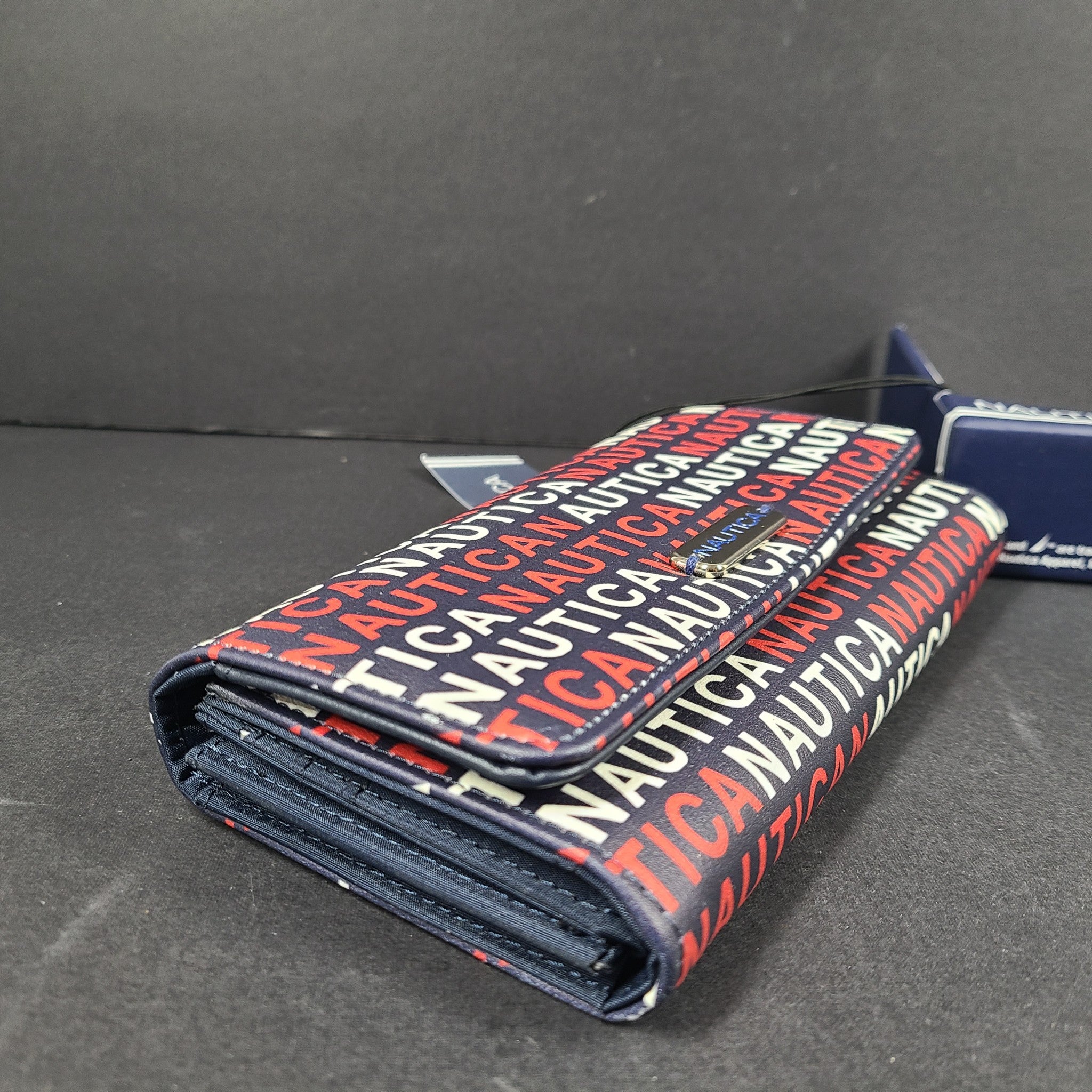 Nautica Money Manager Continental Wallet Gift Box Logo Print Navy Blue NWT