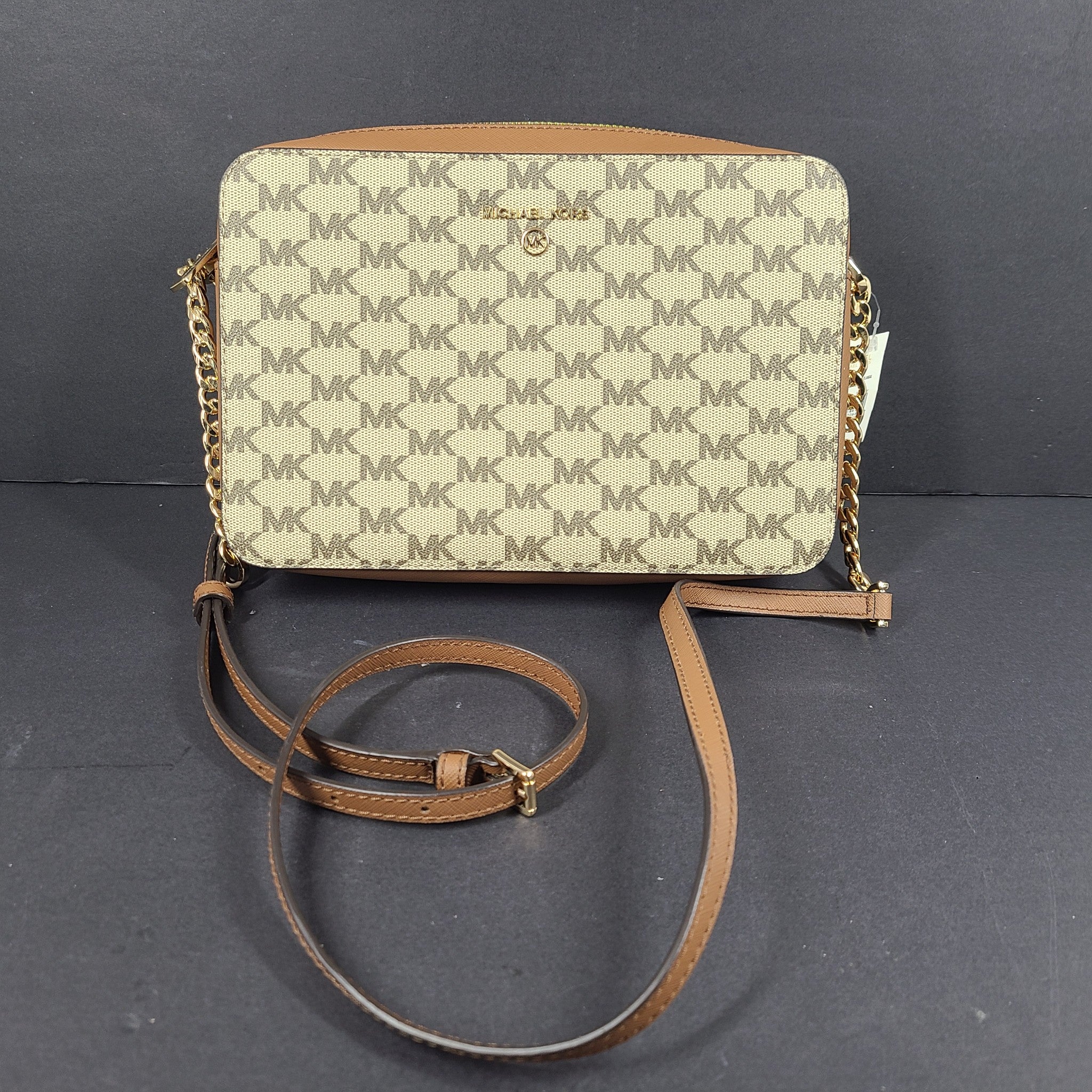 Michael Kors Jet Set Charm Leather Crossbody Logo Large East/West Bag Brown Gold