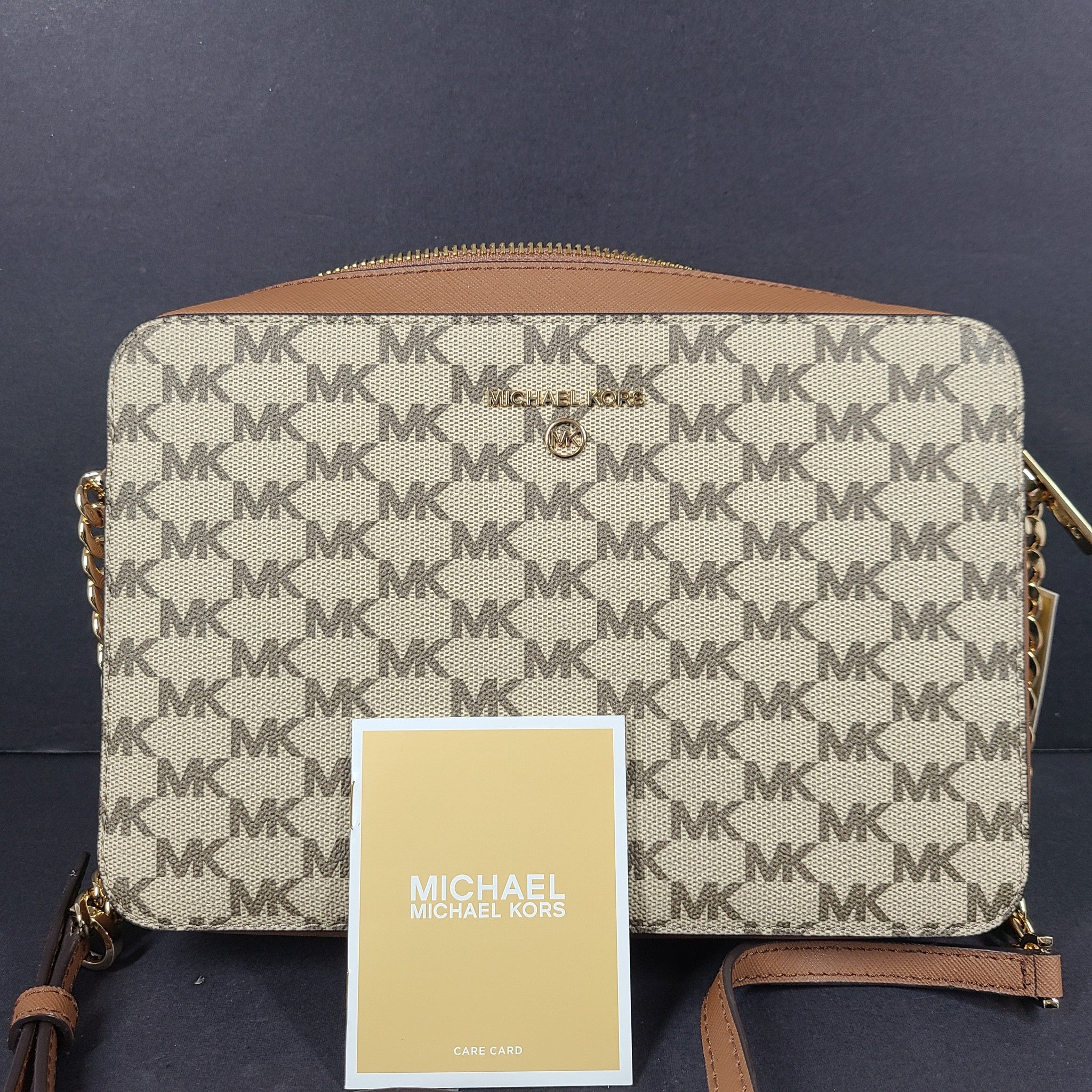 Michael Kors Jet Set Charm Leather Crossbody Logo Large East/West Bag Brown Gold