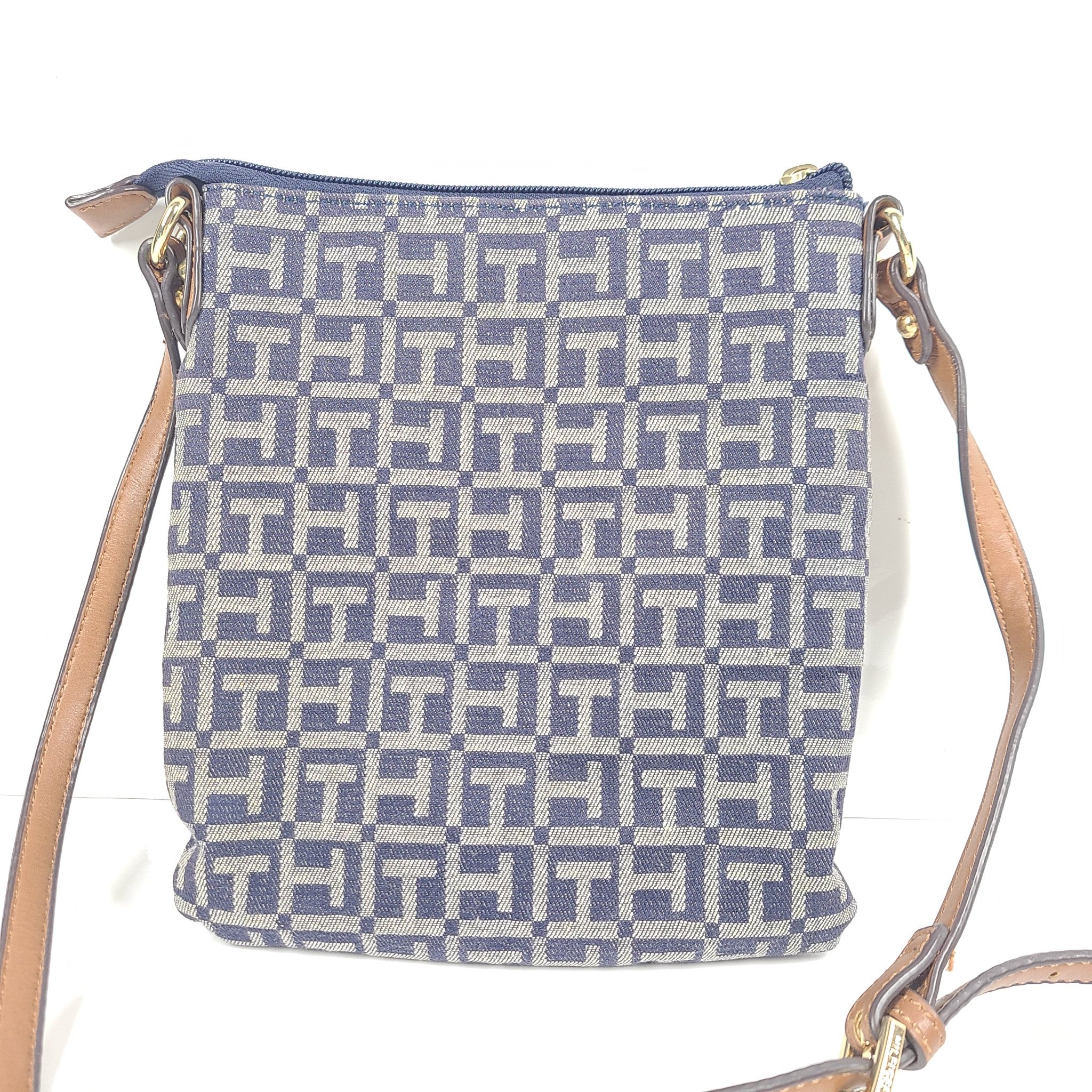 Tommy Hilfiger Crossbody Strap Jaden Plus HandBag Zippered Logo Print Brown Blue