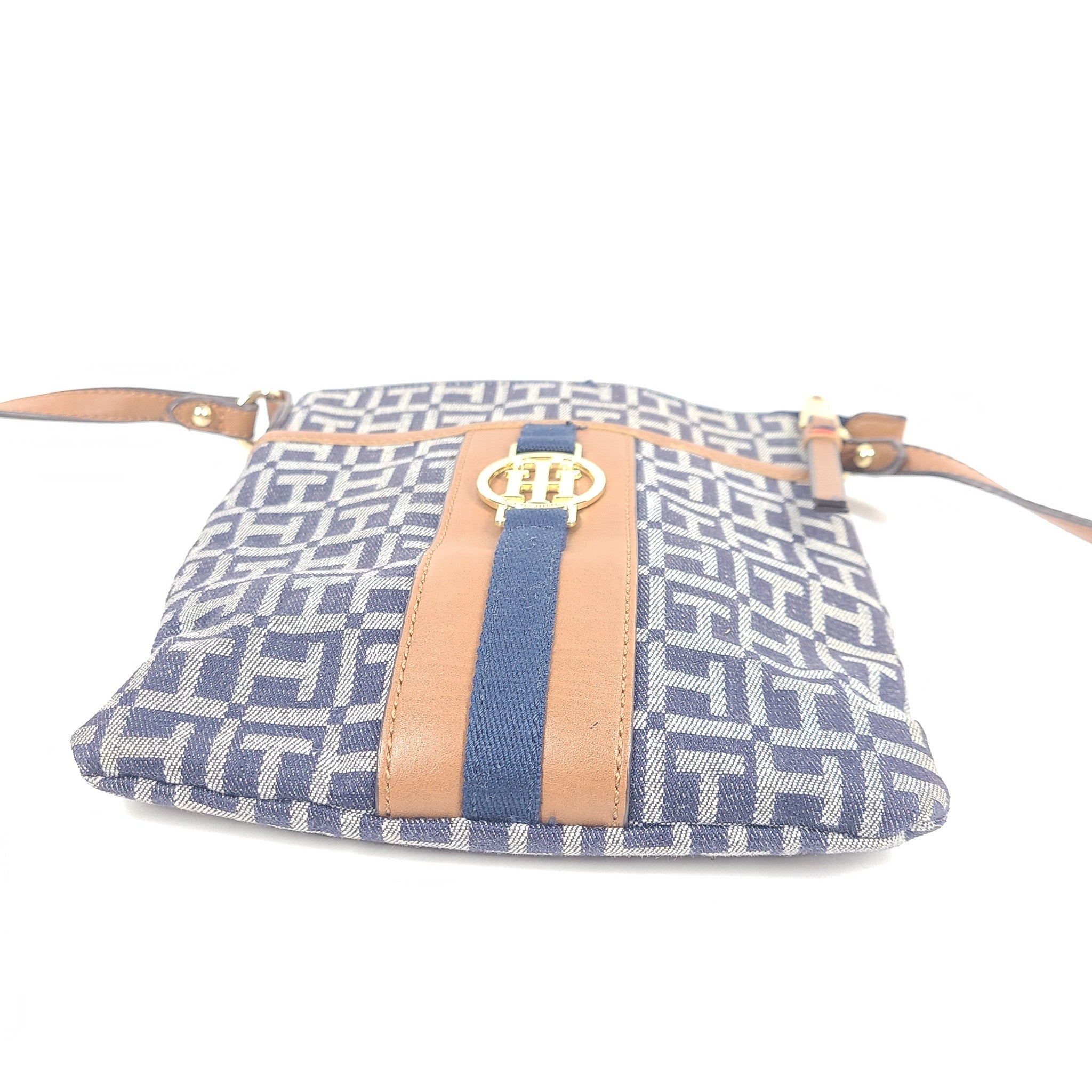 Tommy Hilfiger Crossbody Strap Jaden Plus HandBag Zippered Logo Print Brown Blue