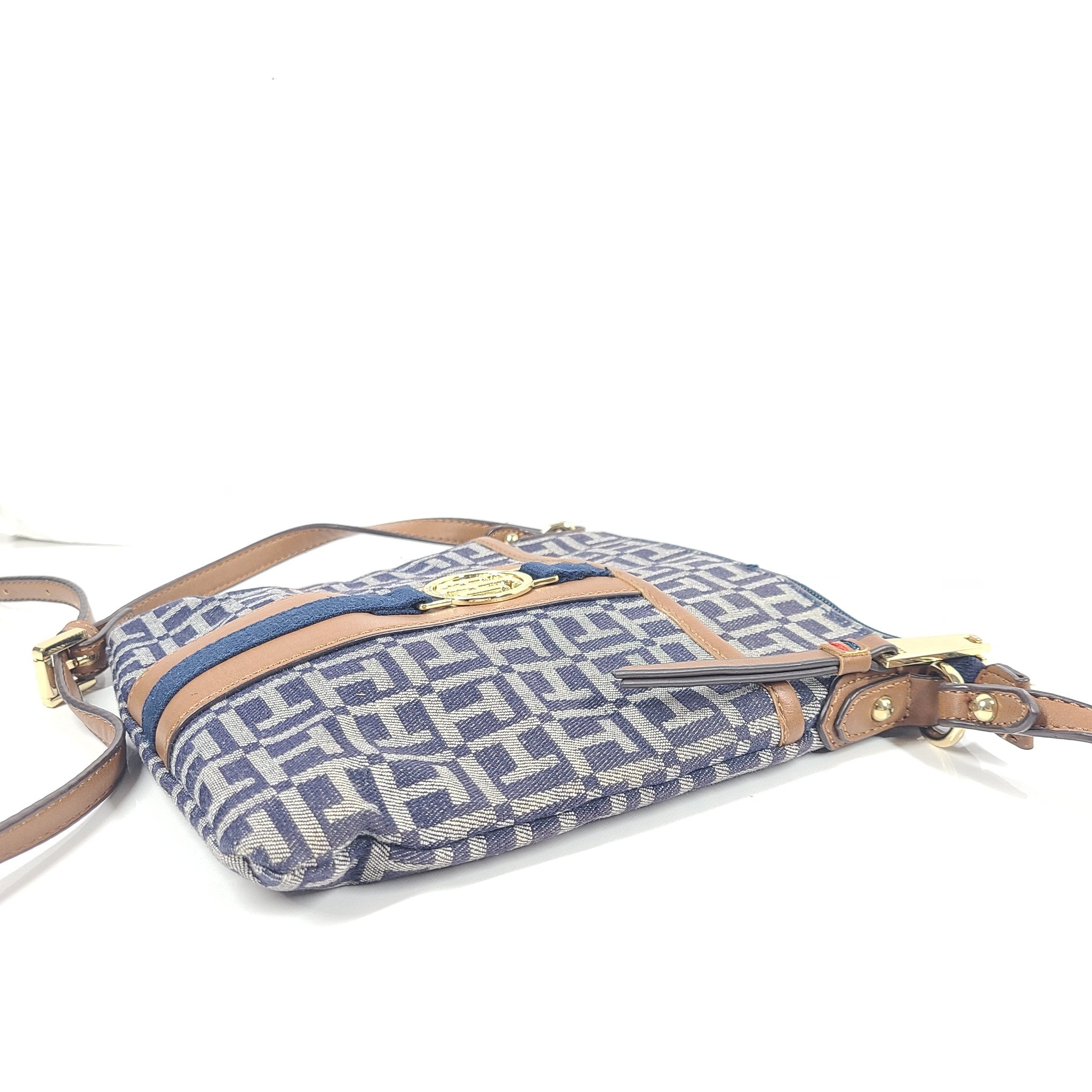 Tommy Hilfiger Crossbody Strap Jaden Plus HandBag Zippered Logo Print Brown Blue