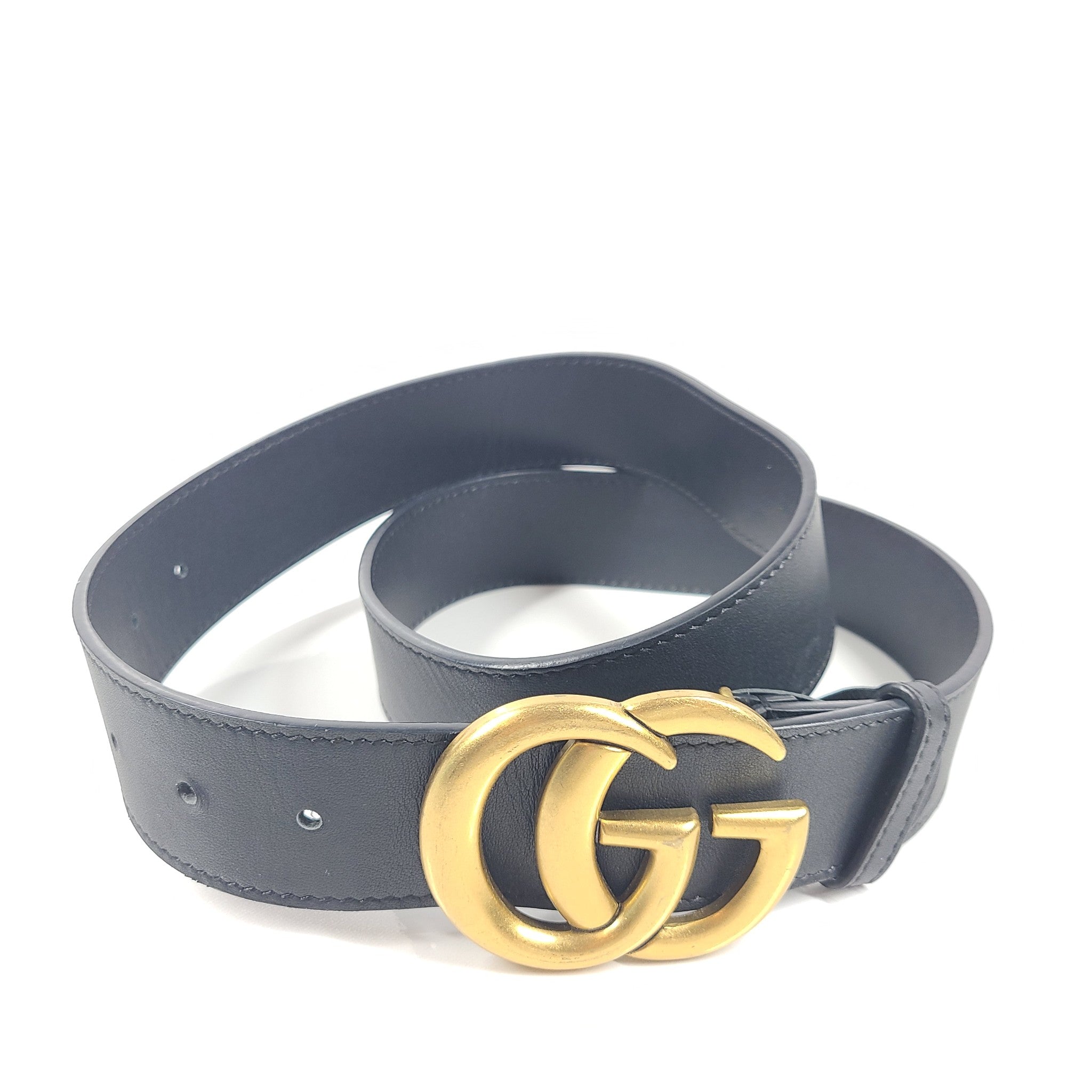 Gucci Men's GG Shiny Buckle Marmont Leather Logo Belt Black 85- 34"