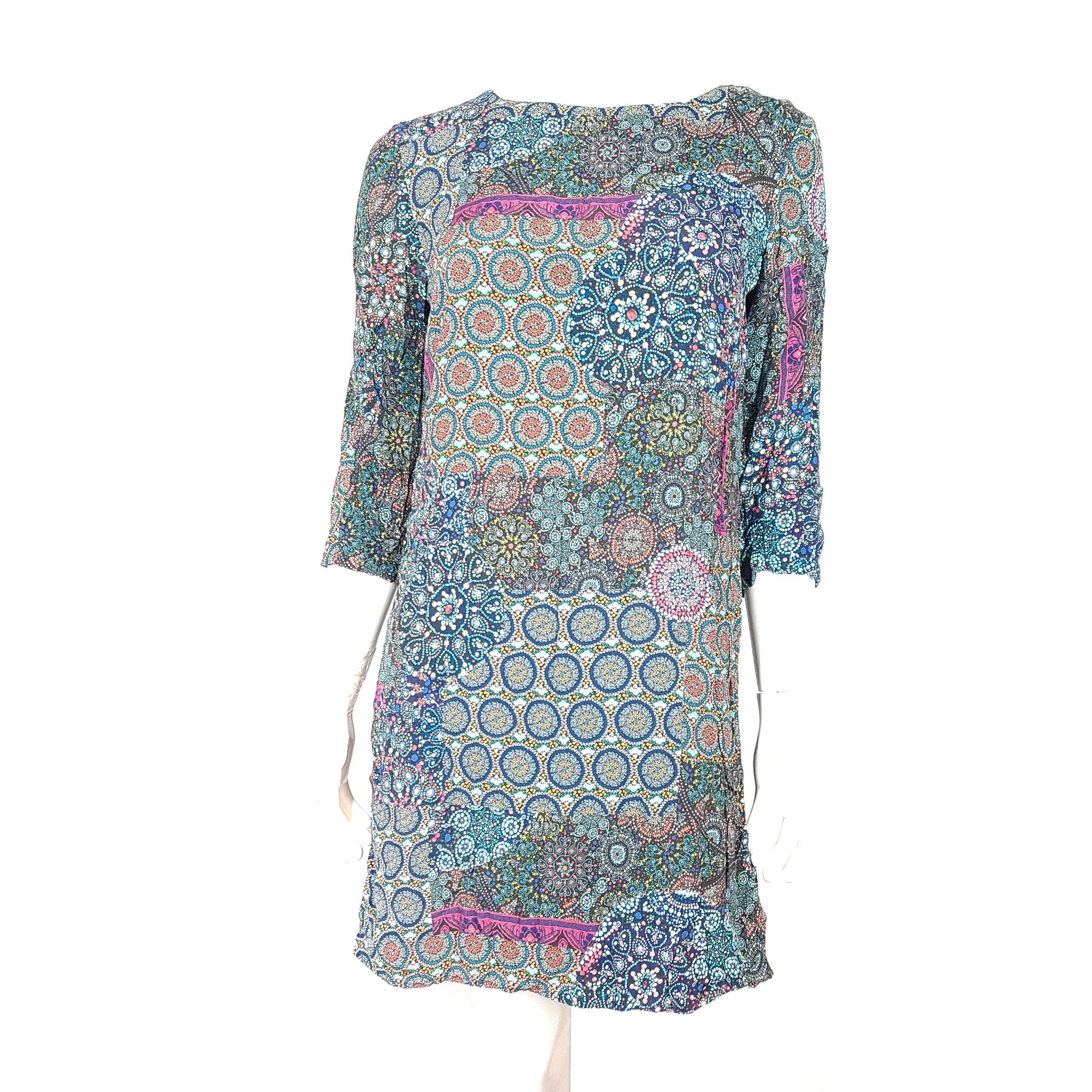 Desigual Maritsa Dress Boho 50s Style Mandala Print 3/4 Sleeve Blue Size 38 (M)
