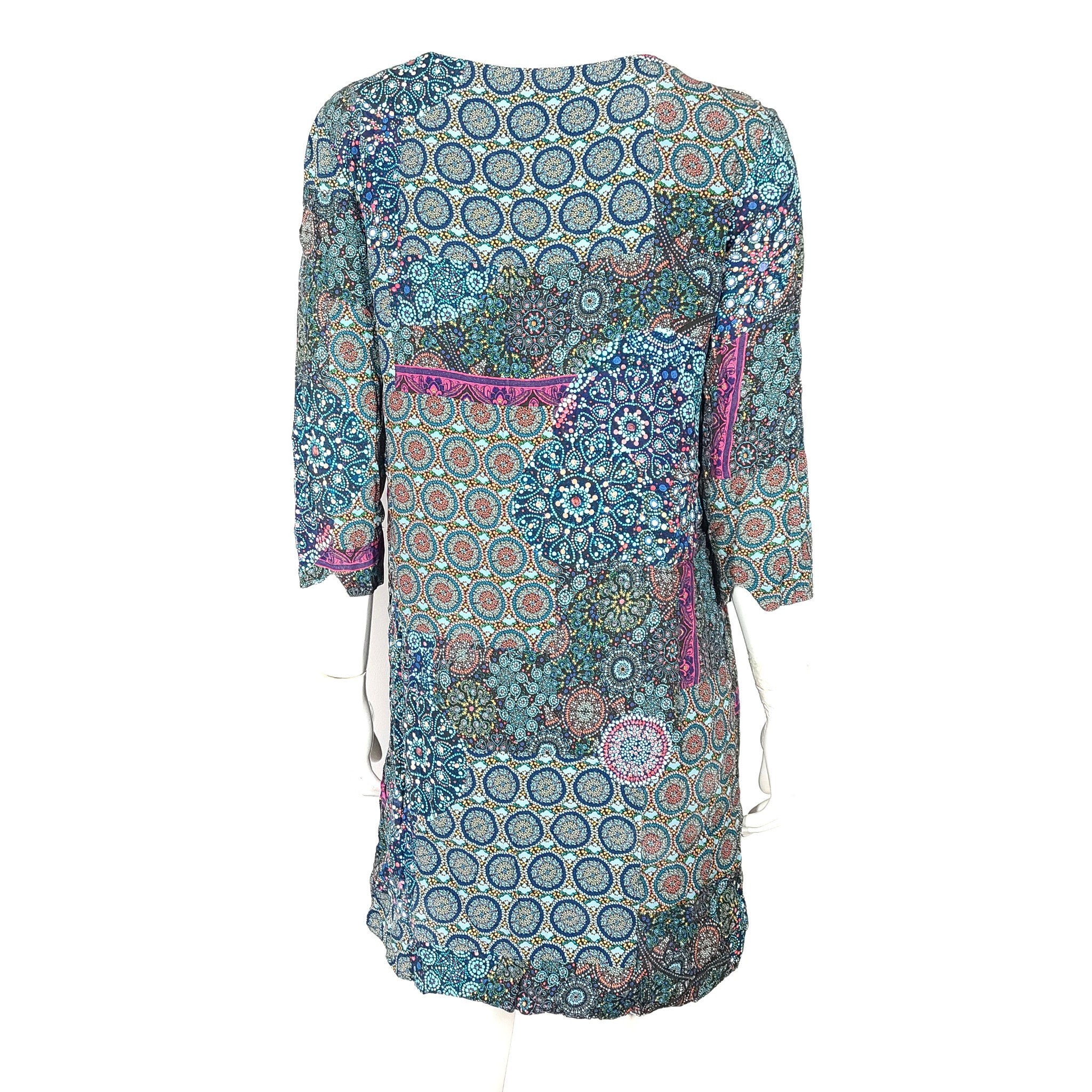Desigual Maritsa Dress Boho 50s Style Mandala Print 3/4 Sleeve Blue Size 38 (M)