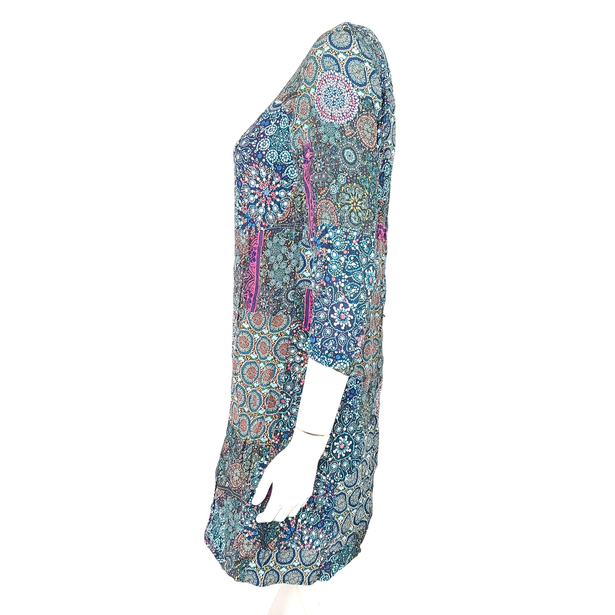 Desigual Maritsa Dress Boho 50s Style Mandala Print 3/4 Sleeve Blue Size 38 (M)