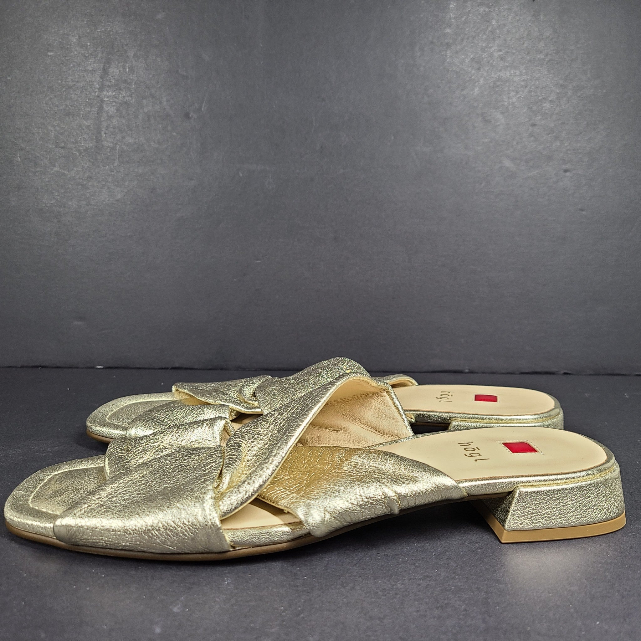 Hogl Women's Slides Slippers Mules Gold Metallic Full Grain Leather Sz 7.5