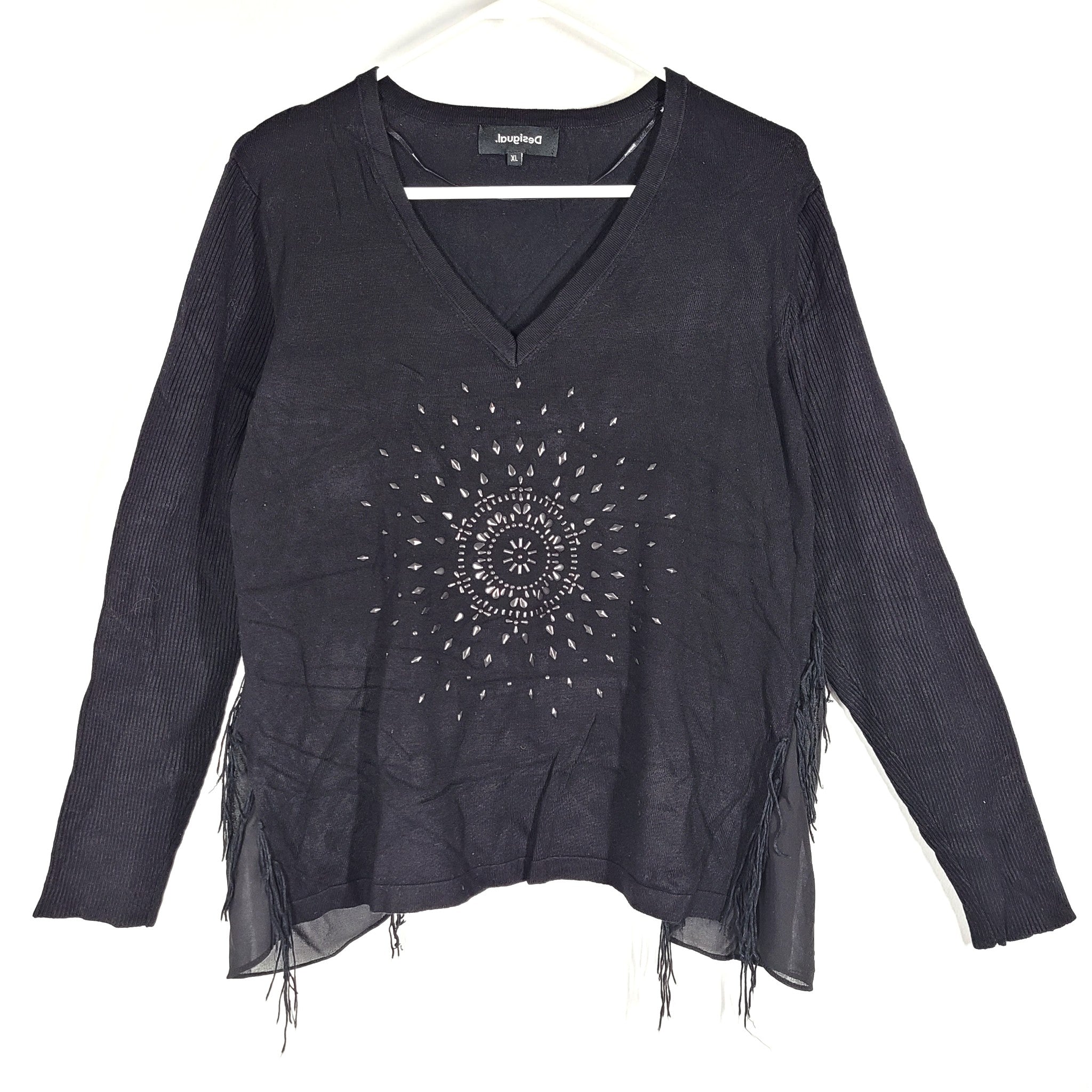 Desigual Women's LS Shirt V-Neck Mandala Studs Tassels Fringe 20WWJFBQ Black XL